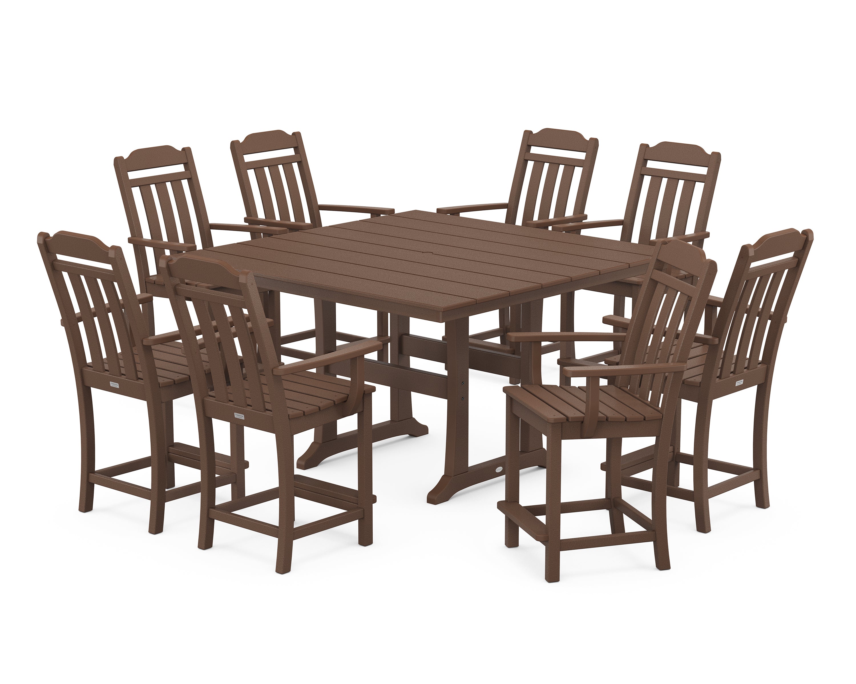 POLYWOOD Country Living 9-Piece Square Farmhouse Counter Set with Trestle Legs in Mahogany