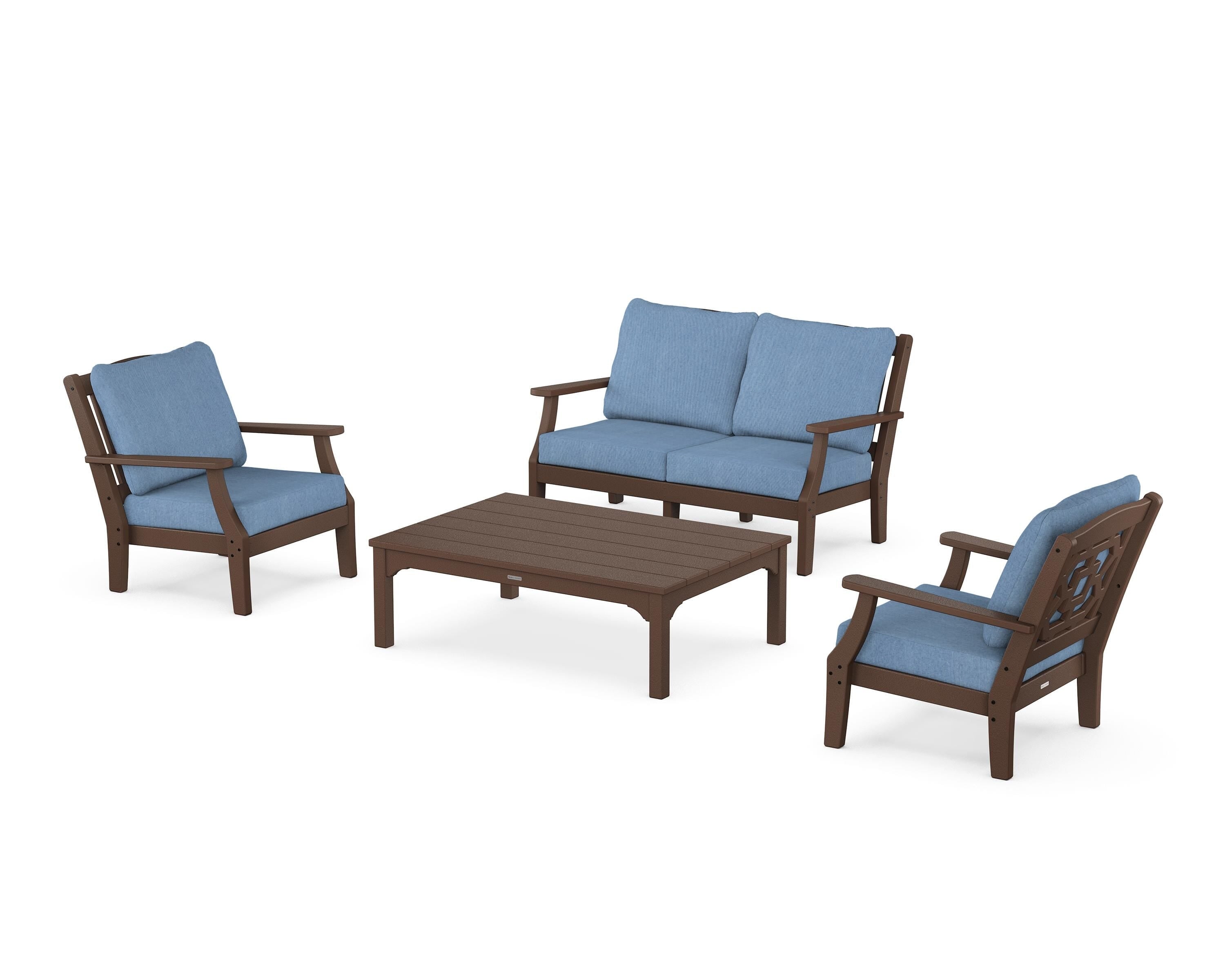 Martha Stewart by POLYWOOD Chinoiserie 4-Piece Deep Seating Set with Loveseat in Mahogany / Sky Blue