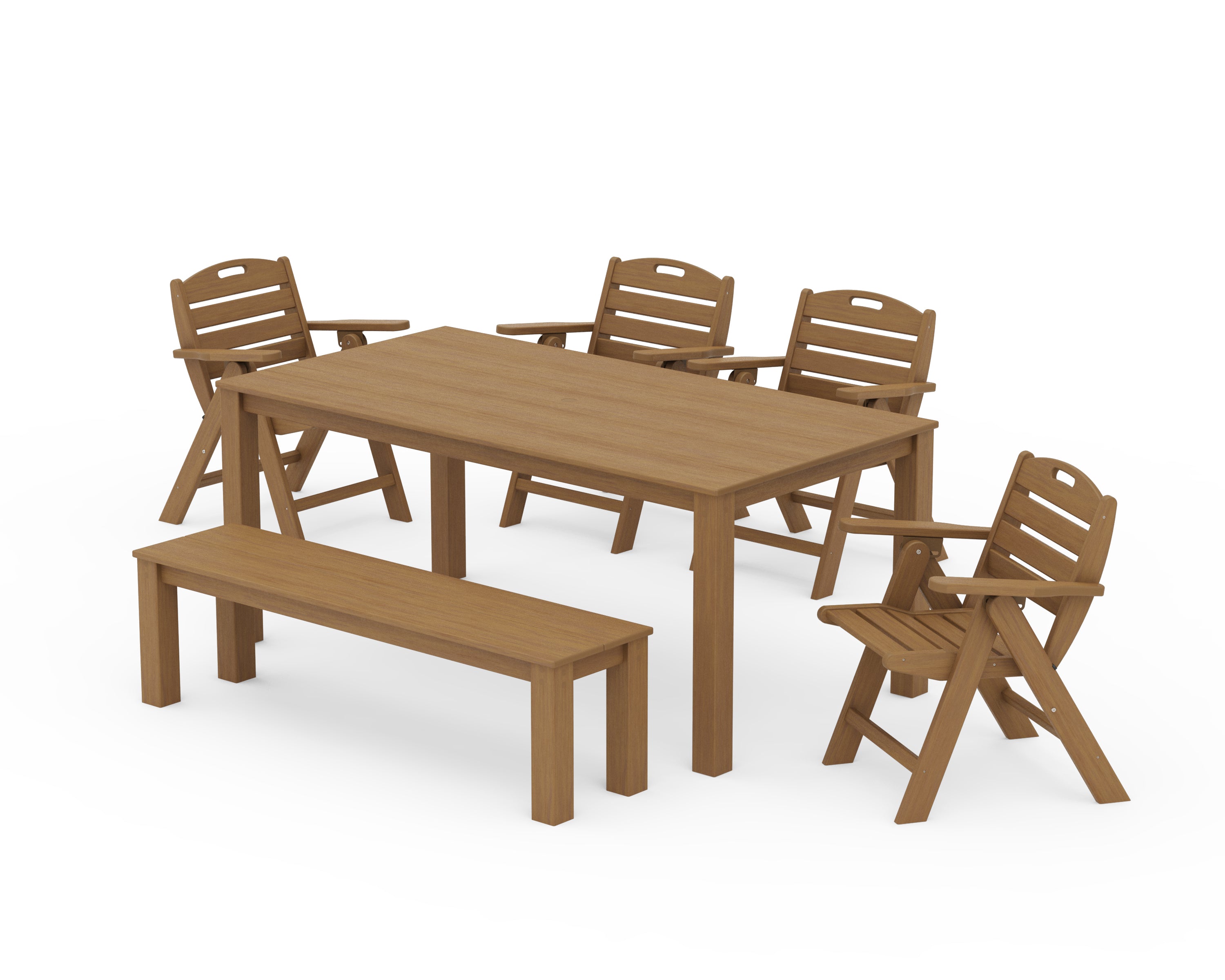 POLYWOOD Nautical Folding Lowback Chair 6-Piece Parsons Dining Set with Bench in Natural