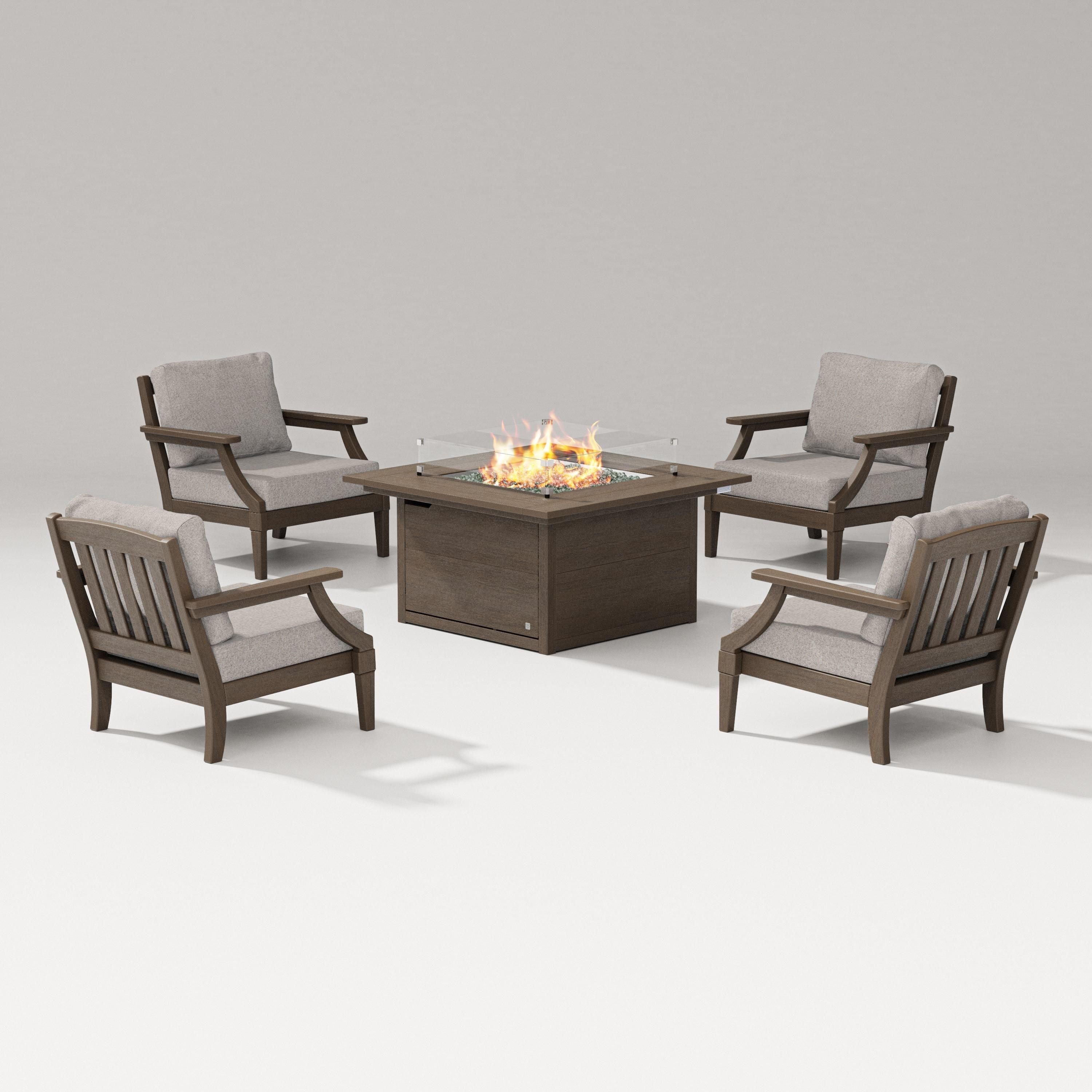 PW Designer Series Estate 5-Piece Lounge Fire Table Set in Kona / Weathered Tweed