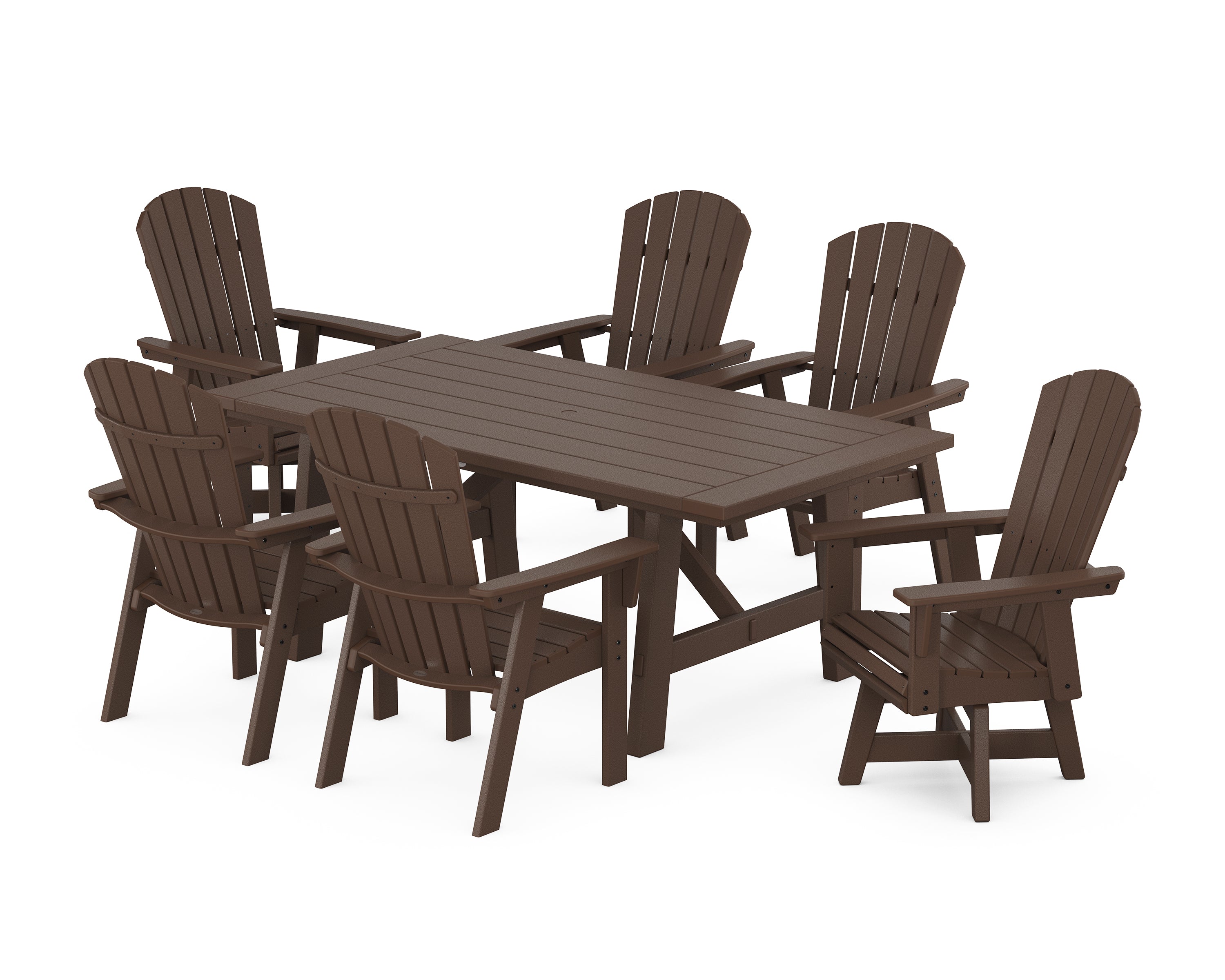 POLYWOOD® Nautical Curveback Adirondack Swivel Chair 7-Piece Rustic Farmhouse Dining Set in Mahogany