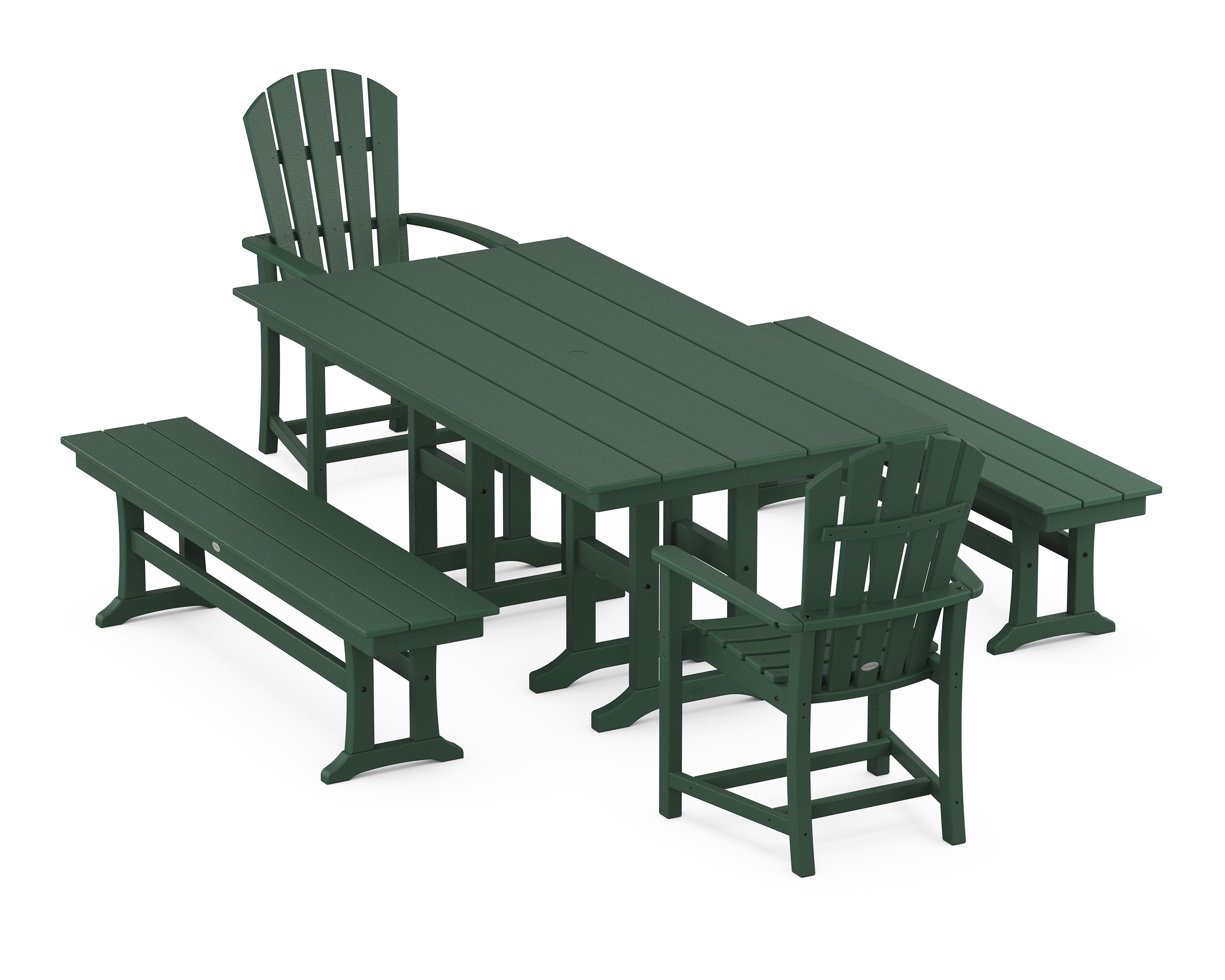 POLYWOOD® Palm Coast 5-Piece Farmhouse Dining Set with Benches in Green