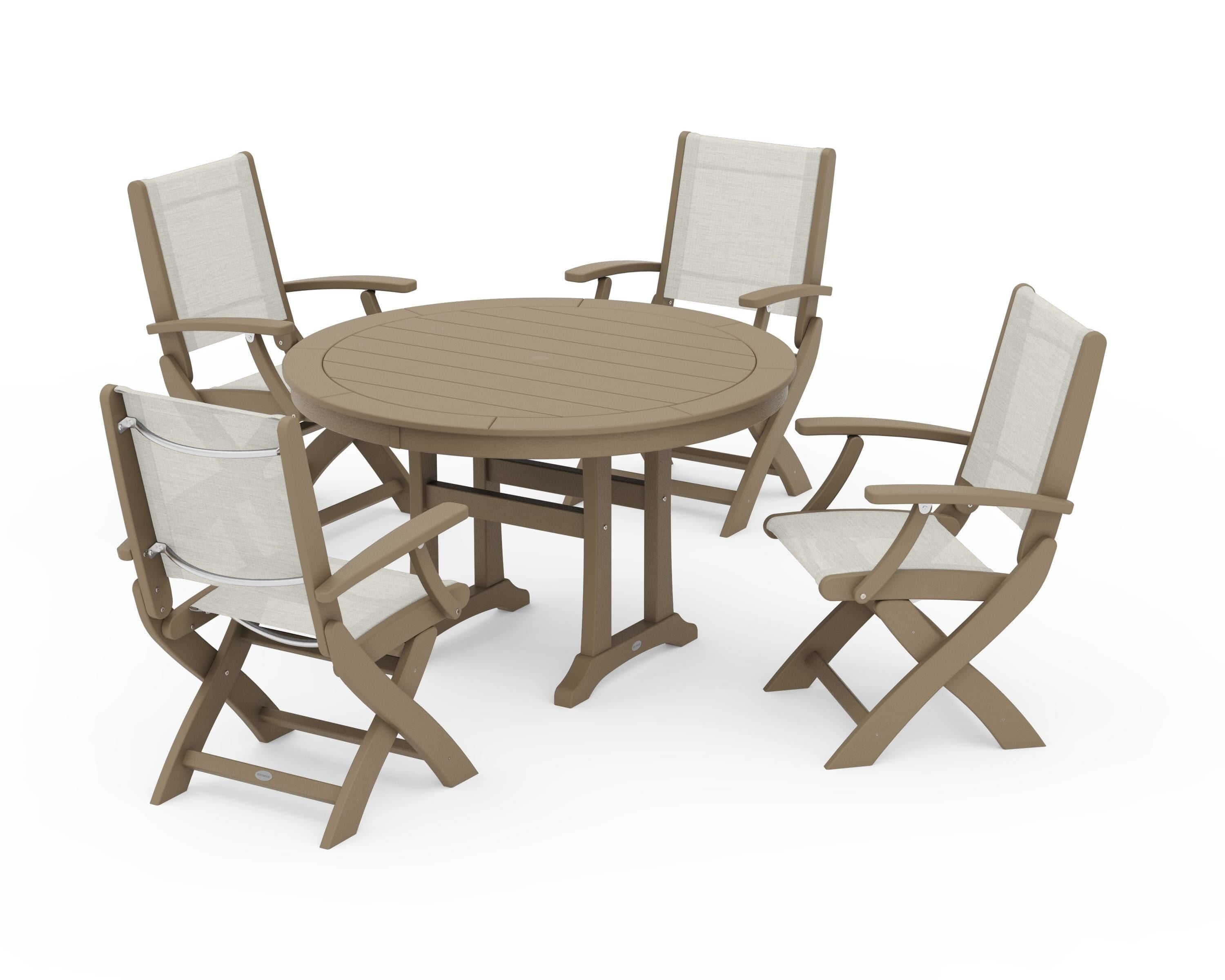 POLYWOOD Coastal Folding Chair 5-Piece Round Dining Set with Trestle Legs in Vintage Sahara / Parchment Sling