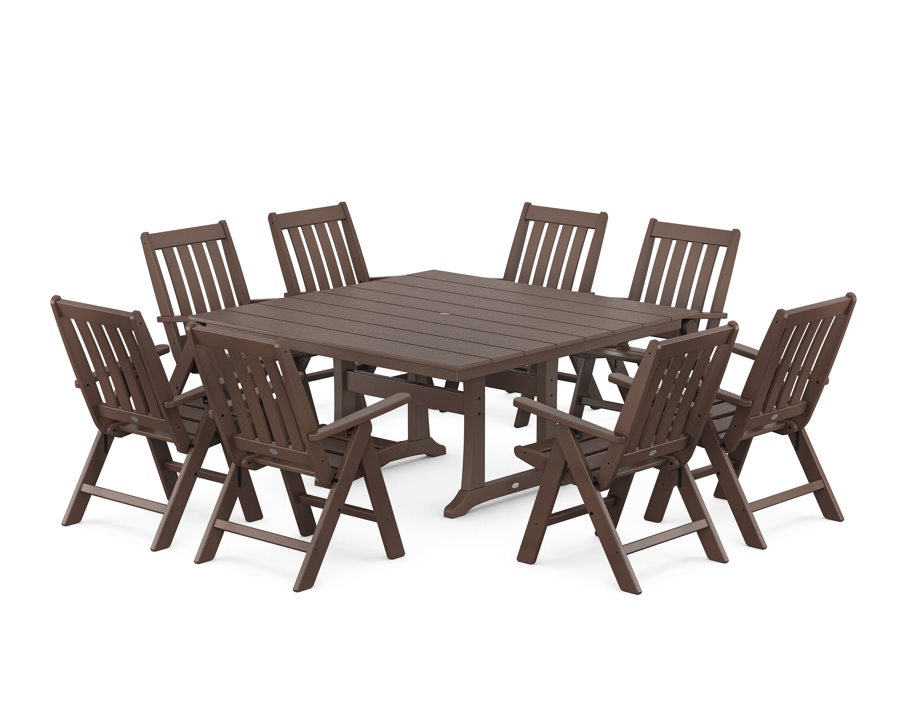 POLYWOOD Vineyard Folding Chair 9-Piece Square Farmhouse Dining Set with Trestle Legs in Mahogany