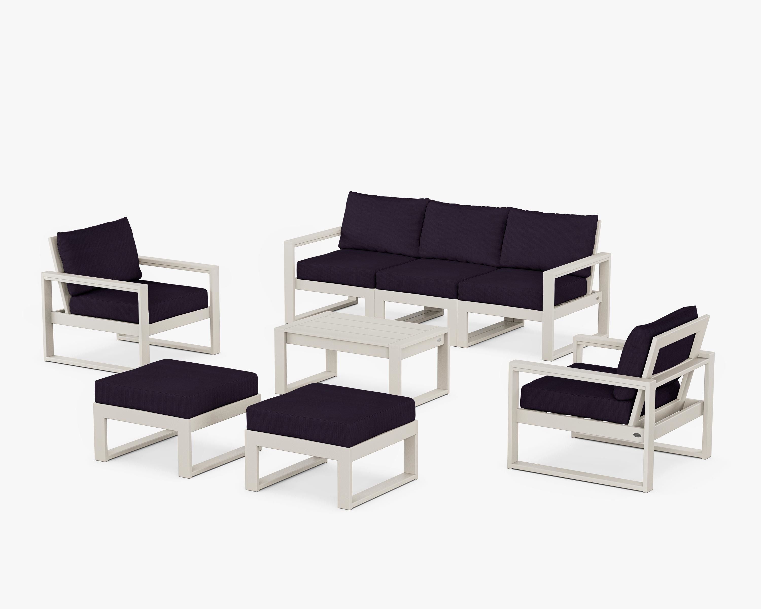 POLYWOOD EDGE Sectional 8-Piece Lounge Sofa Set in Sand / Navy Linen
