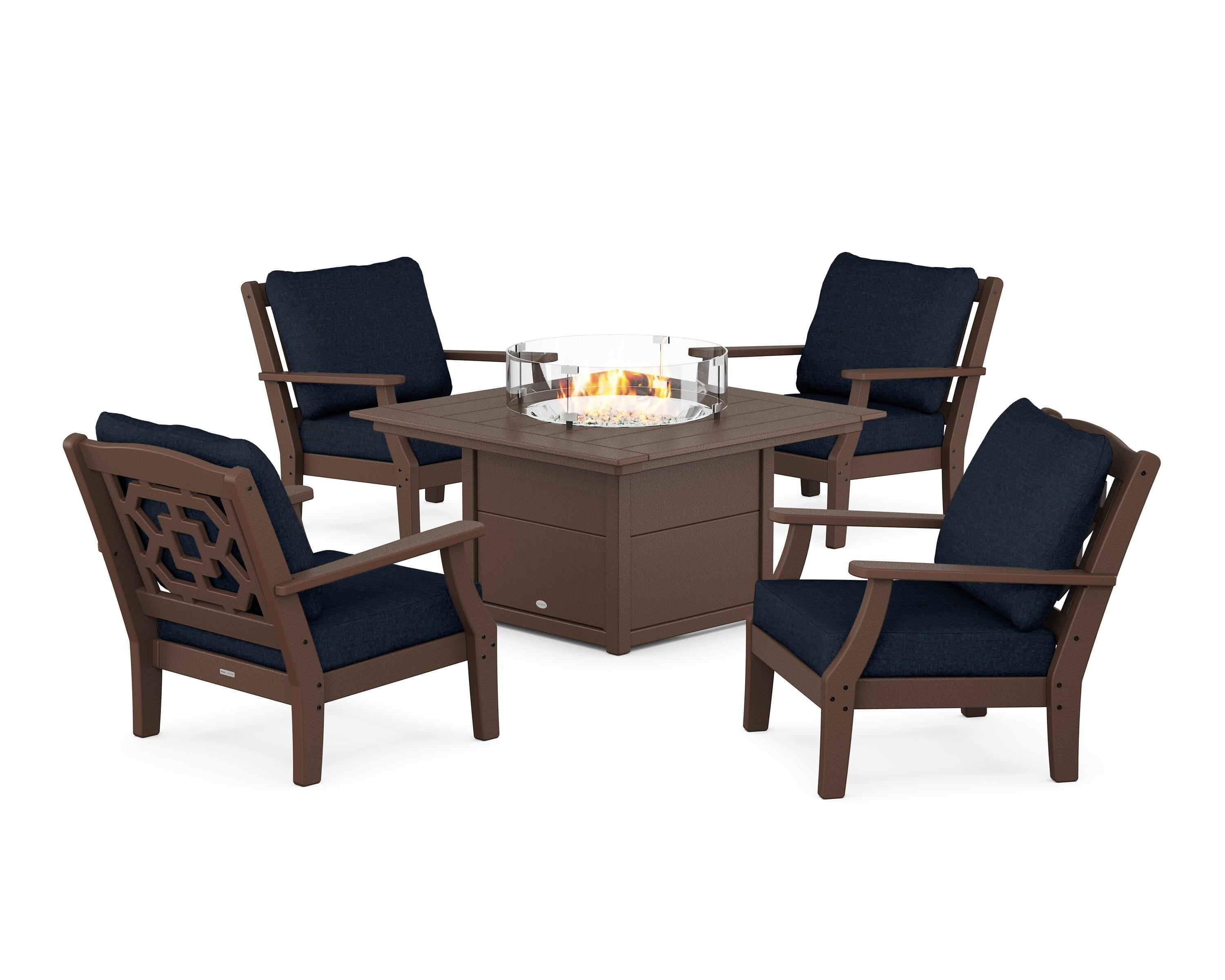 Martha Stewart by POLYWOOD Chinoiserie 5-Piece Deep Seating Set with Fire Pit Table in Mahogany / Marine Indigo