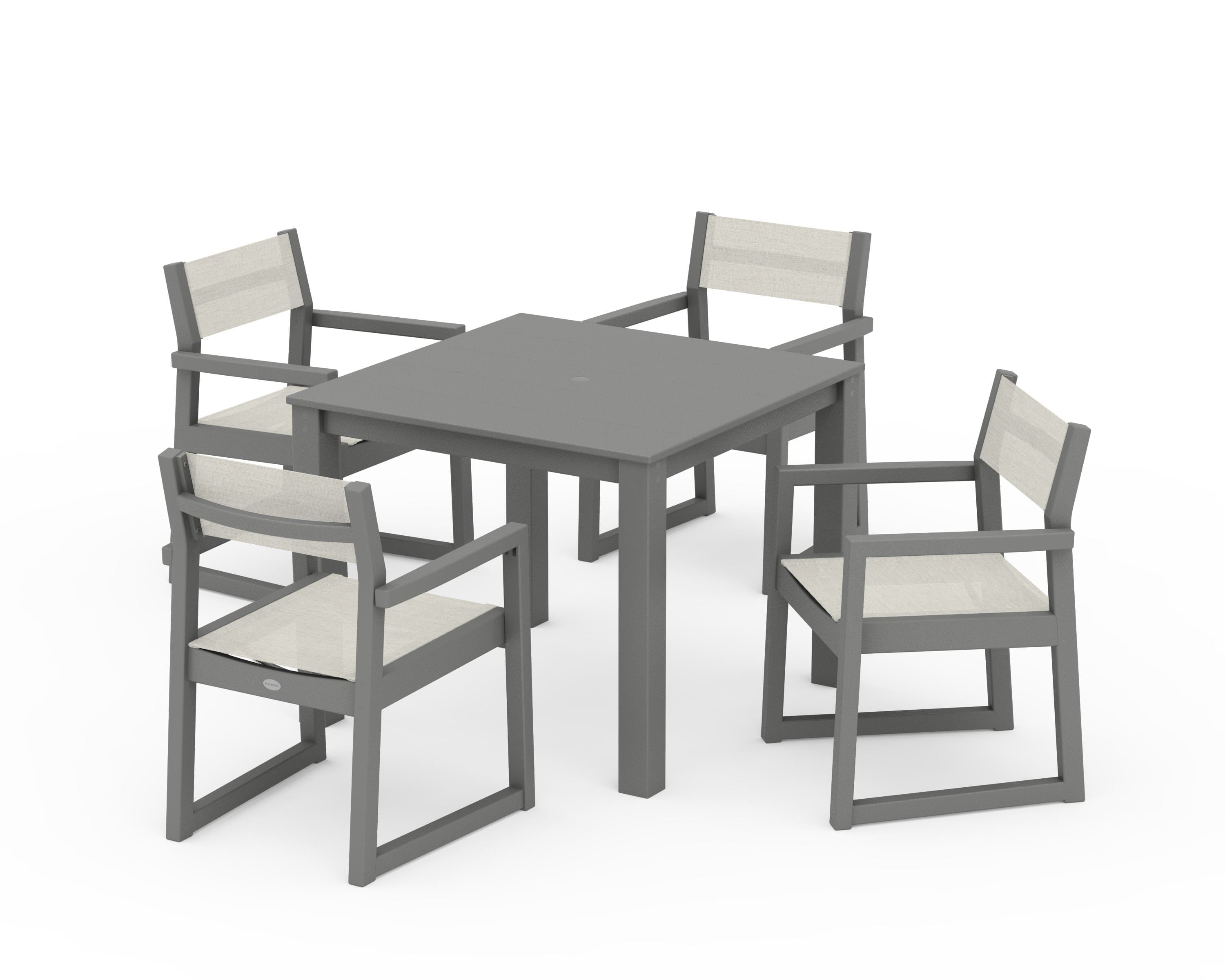 POLYWOOD EDGE Sling Arm Chair 5-Piece Parsons Dining Set in Slate Grey / Parchment Sling