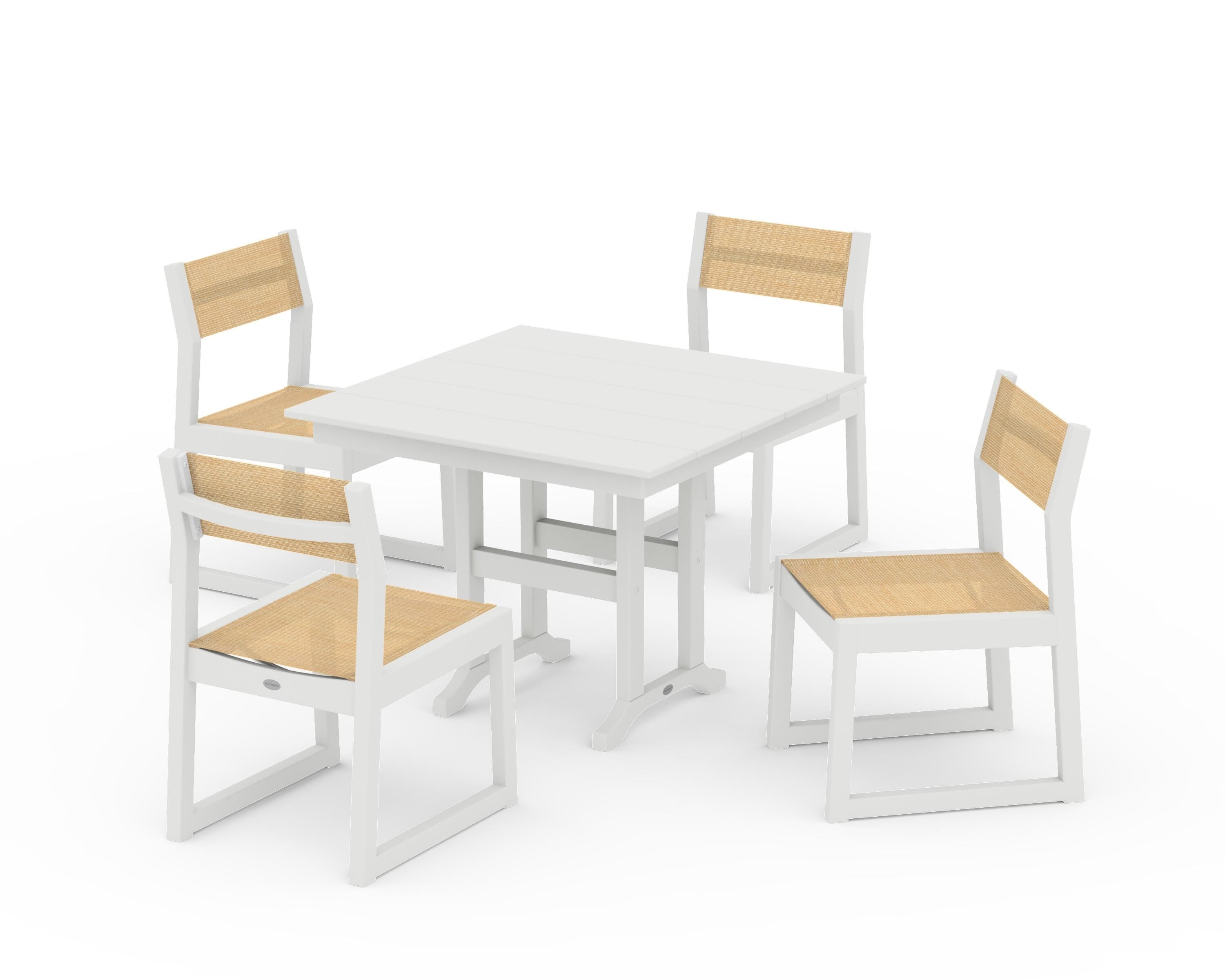 POLYWOOD EDGE Sling Side Chair 5-Piece Farmhouse Dining Set in Vintage White / Dupioni Apricot Sling