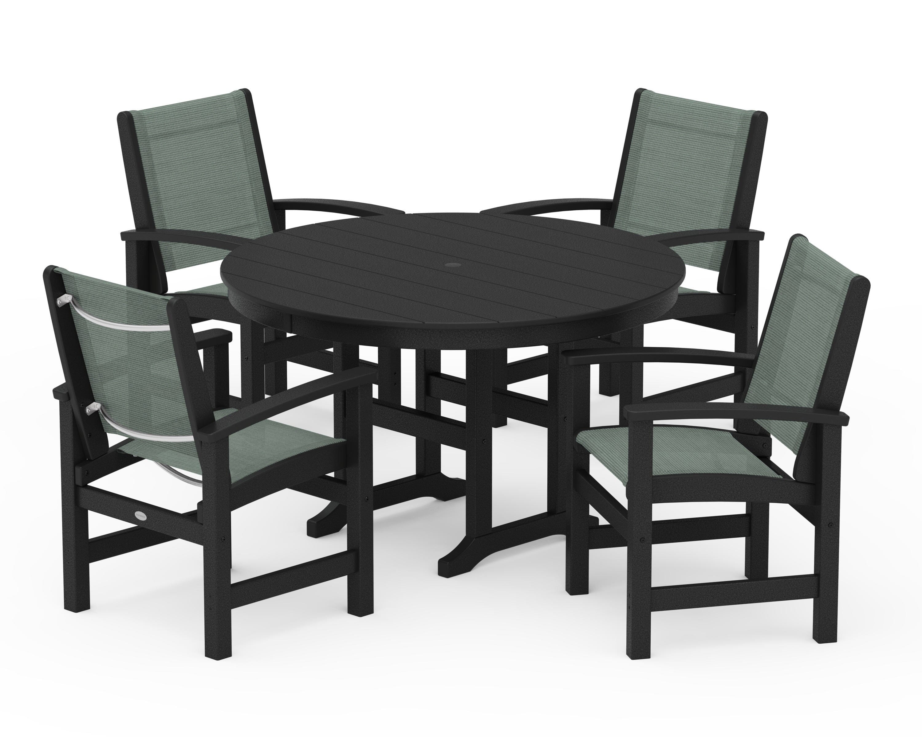 POLYWOOD Coastal 5-Piece Round Farmhouse Dining Set in Black / Dupioni Sea Mist Sling