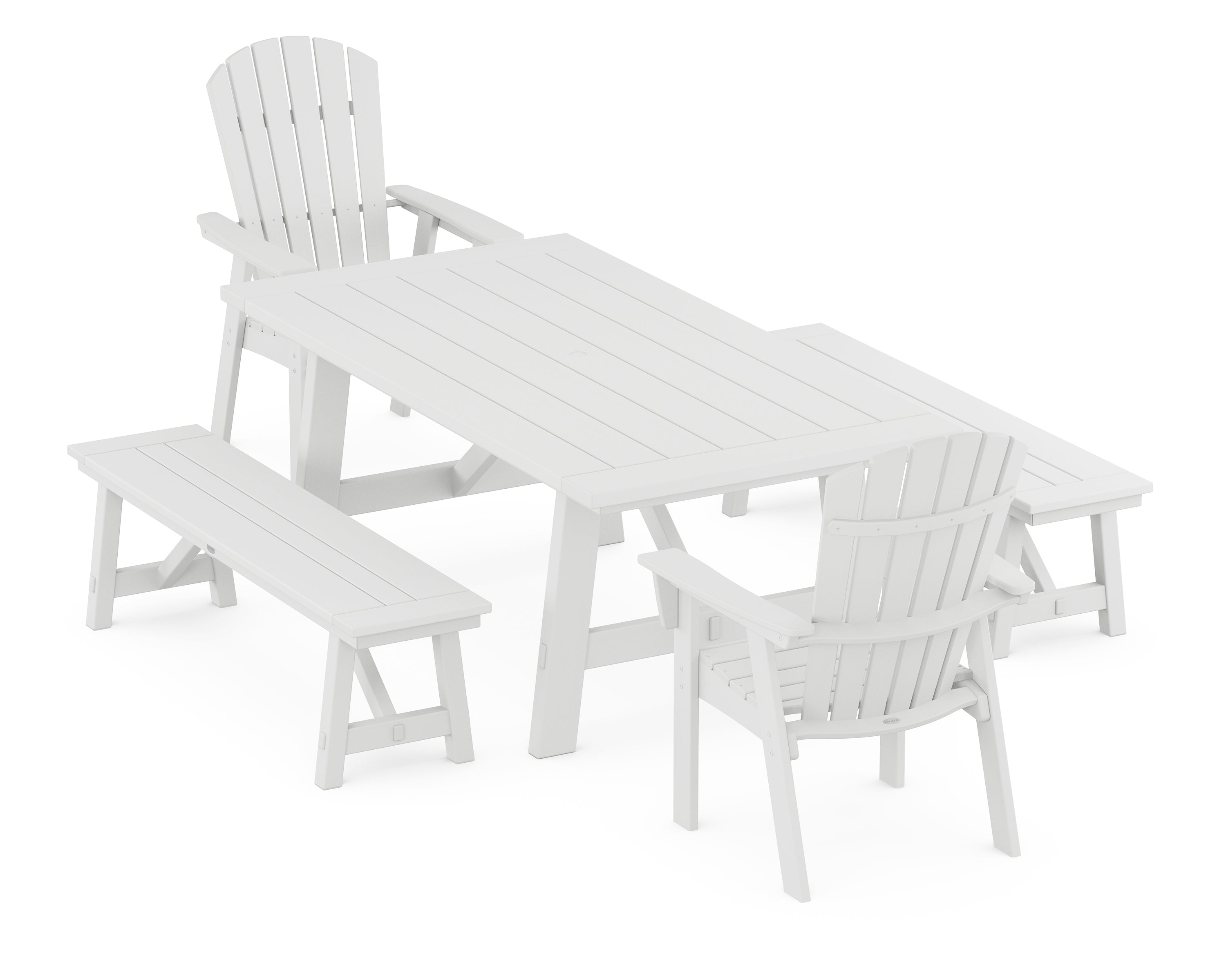 POLYWOOD® Nautical Curveback Adirondack 5-Piece Rustic Farmhouse Dining Set With Benches in White