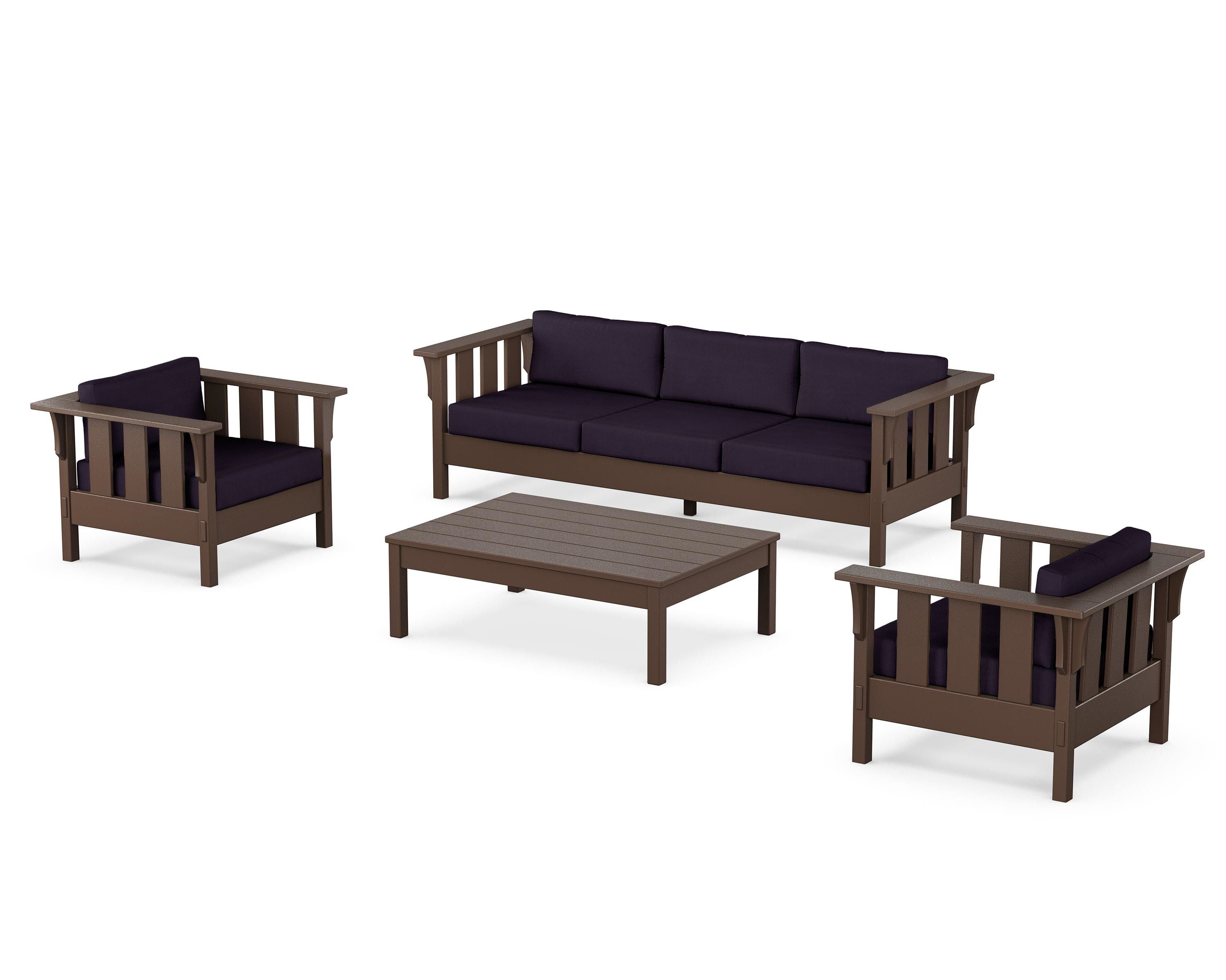 Martha Stewart by POLYWOOD Acadia 4-Piece Deep Seating Set with Sofa in Mahogany / Navy Linen