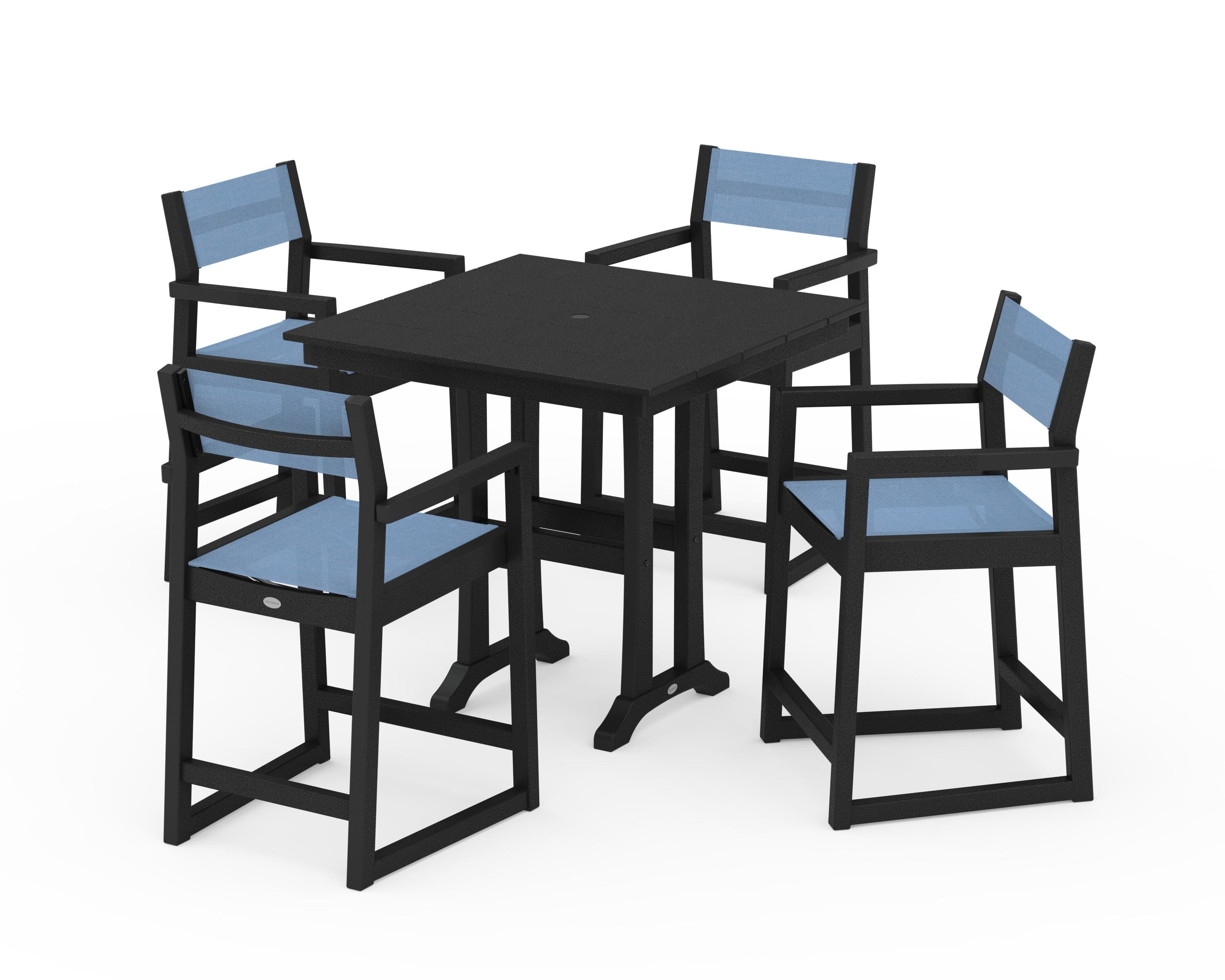 POLYWOOD EDGE Sling Arm Chair 5-Piece Farmhouse Counter Set with Trestle Legs in Black / Poolside Sling