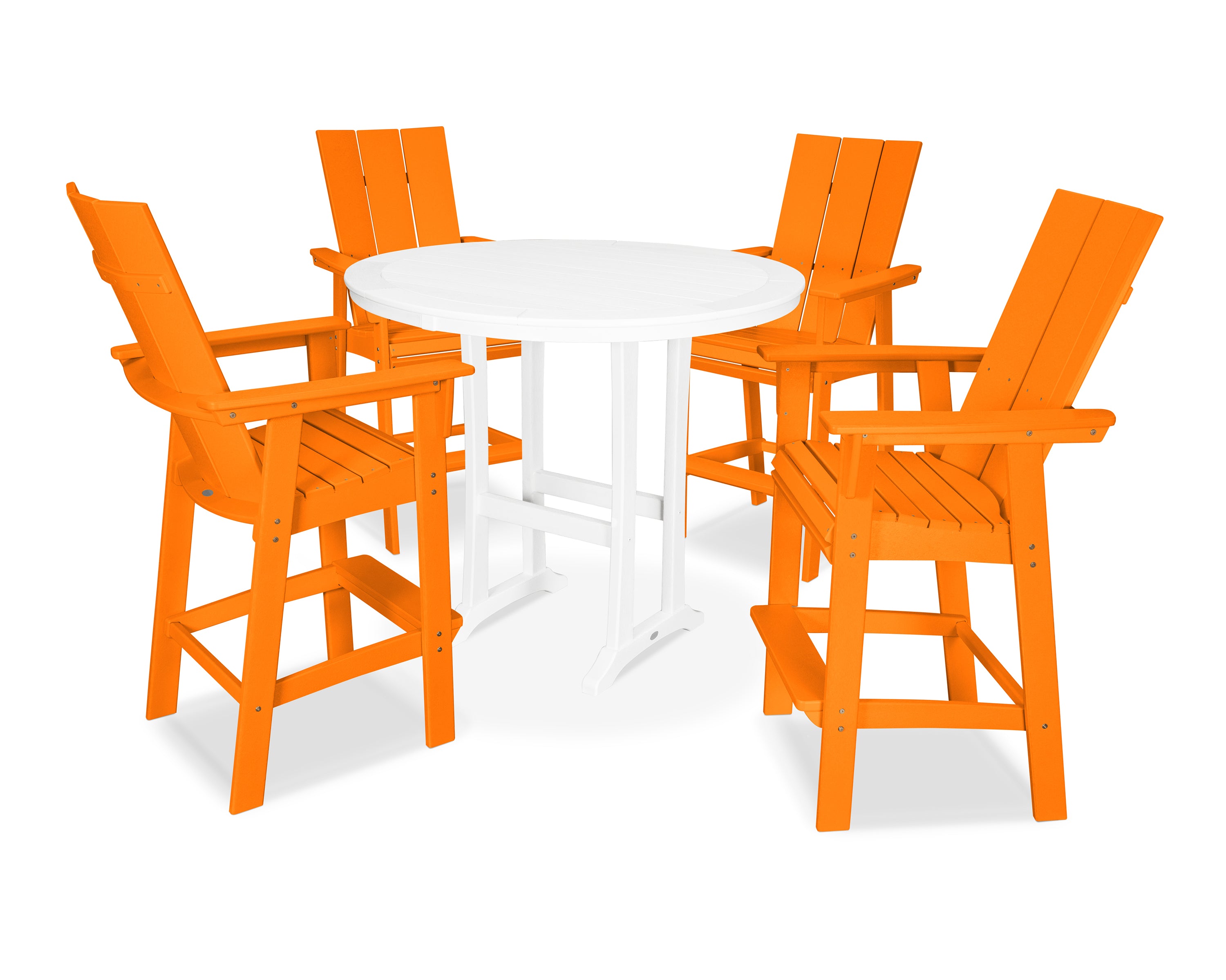 POLYWOOD® Modern Curveback Adirondack 5-Piece Nautical Trestle Bar Set in Tangerine / White