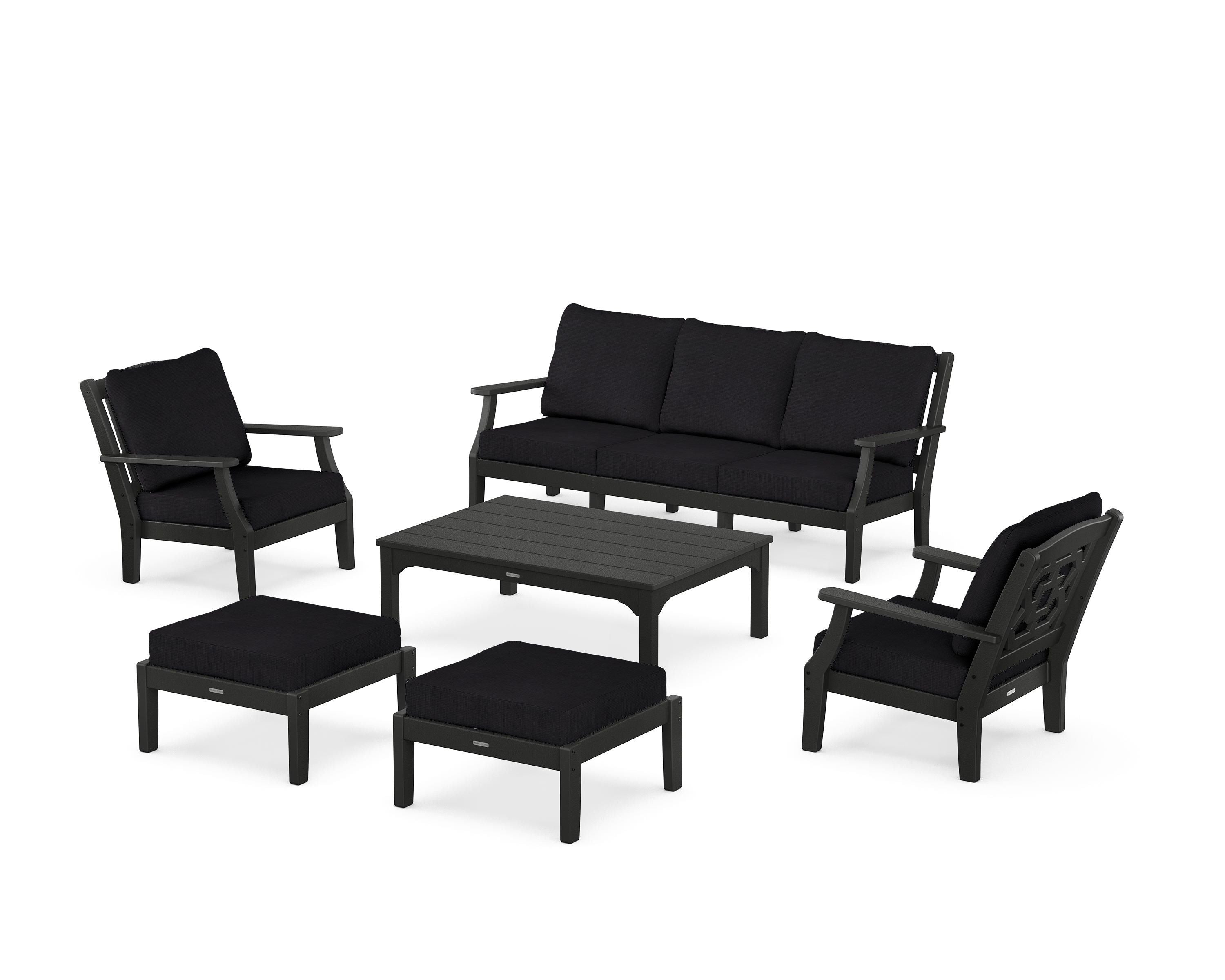 Martha Stewart by POLYWOOD Chinoiserie 6-Piece Lounge Sofa Set in Black / Midnight Linen