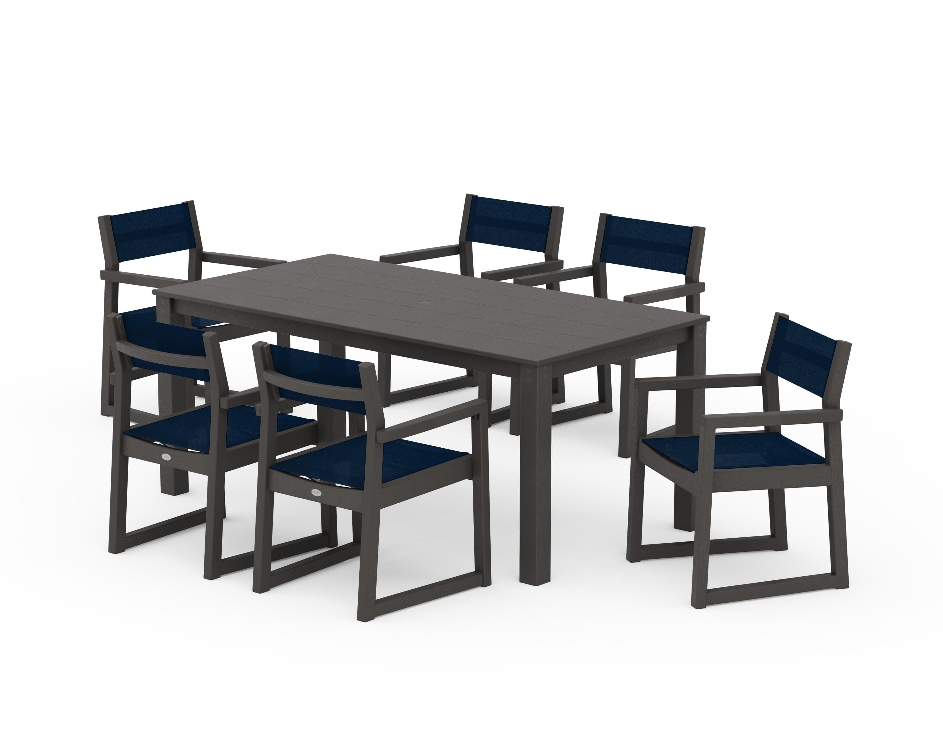 POLYWOOD EDGE Sling Arm Chair 7-Piece Parsons Dining Set in Vintage Coffee / Navy Blue Sling