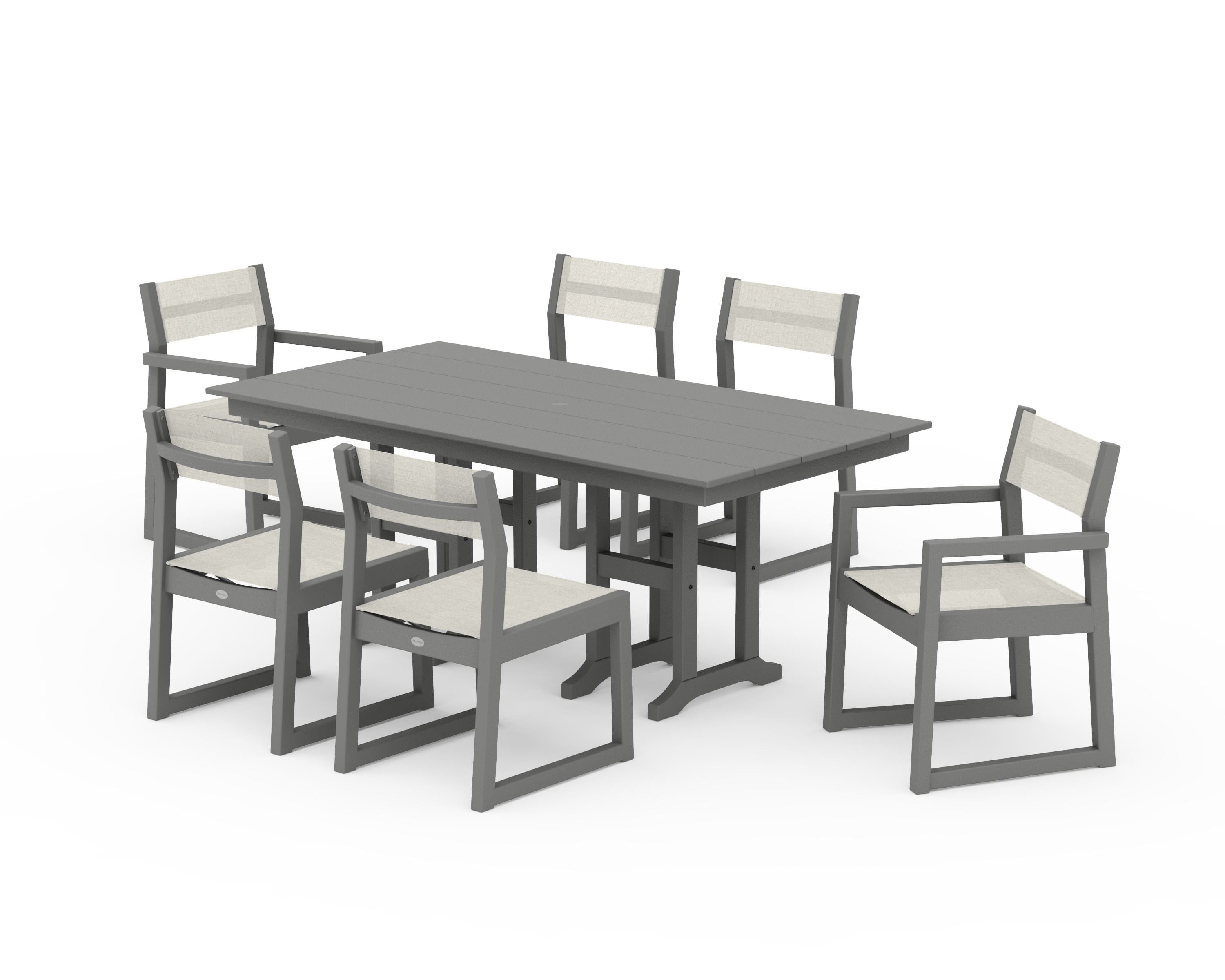 POLYWOOD EDGE Sling 7-Piece Farmhouse Dining Set in Slate Grey / Parchment Sling