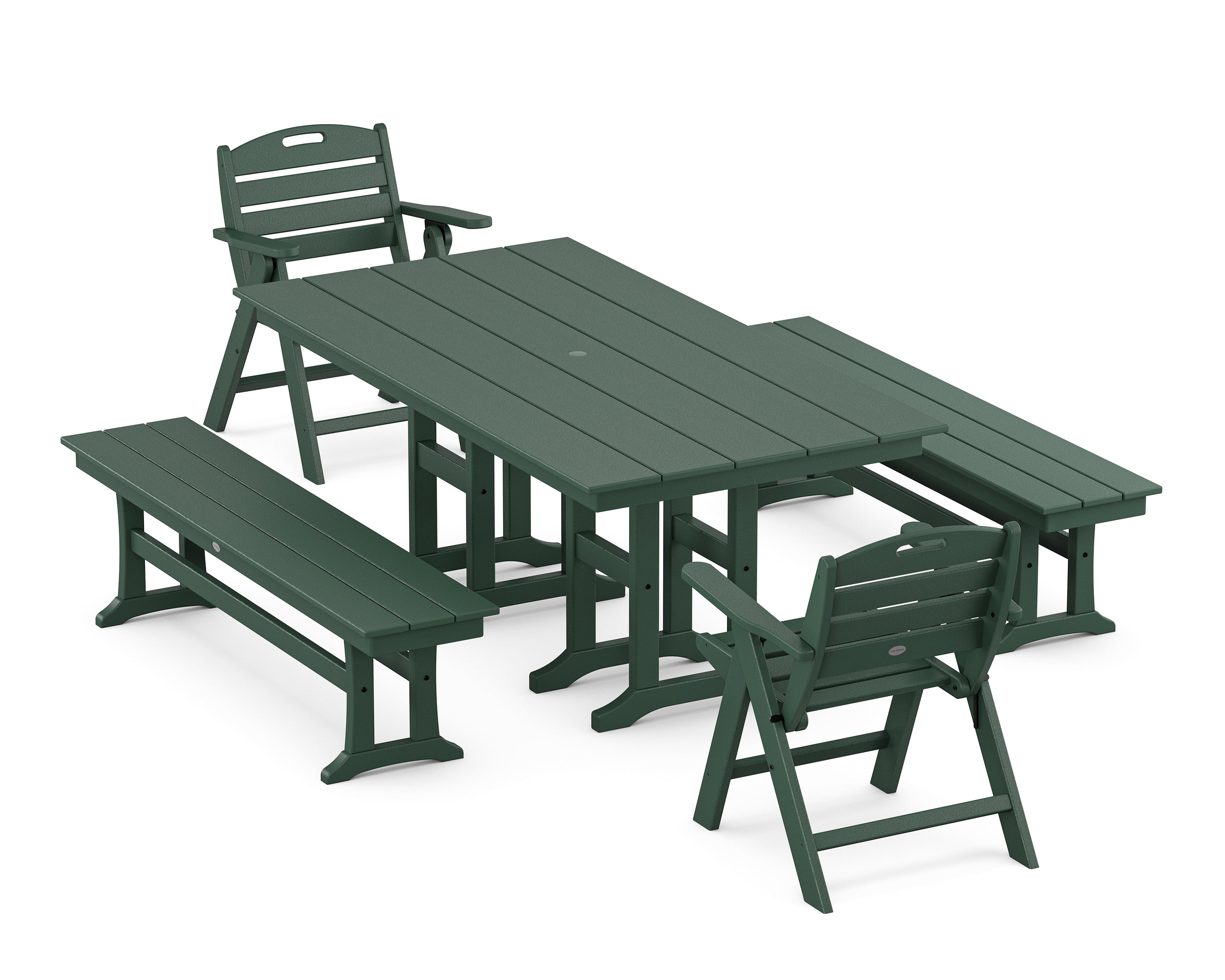 POLYWOOD Nautical Lowback 5-Piece Farmhouse Dining Set with Benches in Green