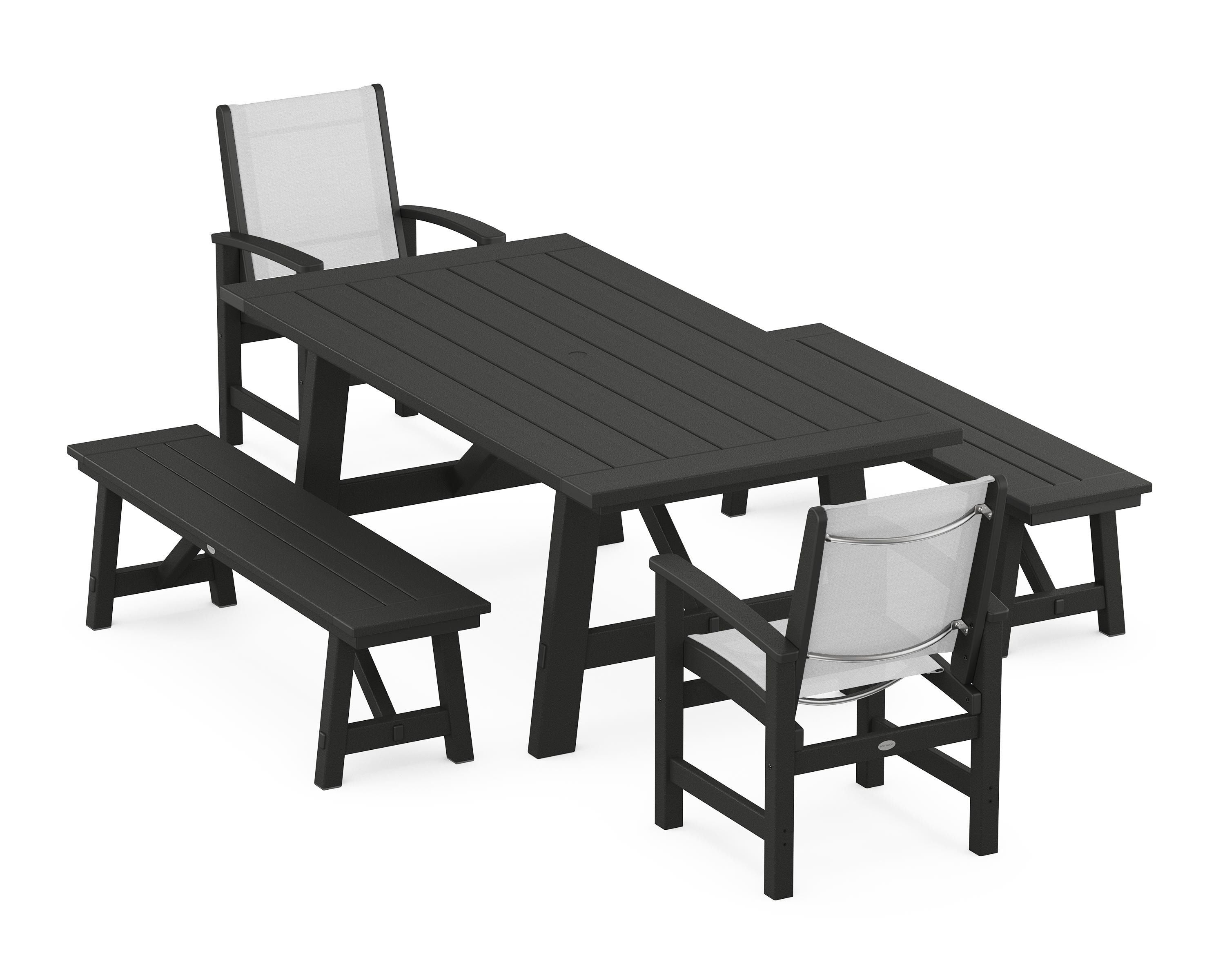 POLYWOOD Coastal 5-Piece Rustic Farmhouse Dining Set With Benches in Black / White Sling