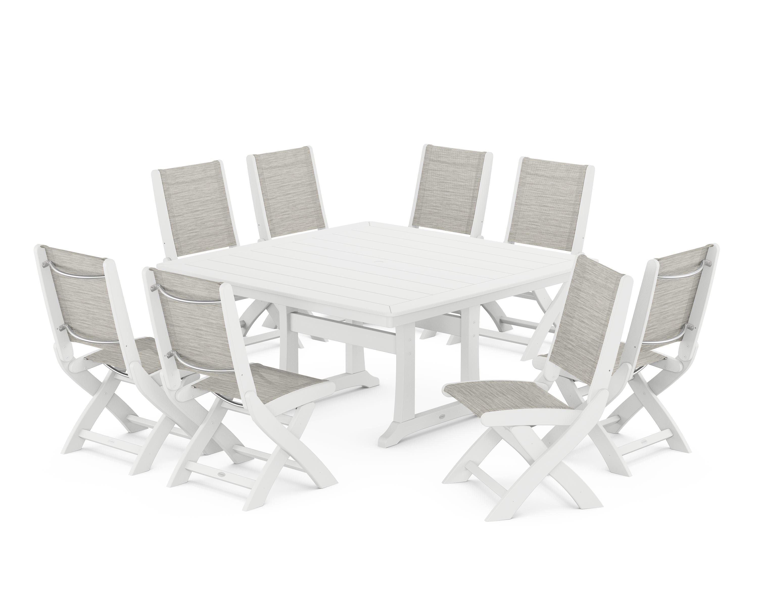 POLYWOOD Coastal Folding Side Chair 9-Piece Dining Set with Trestle Legs in White / Birch Sling