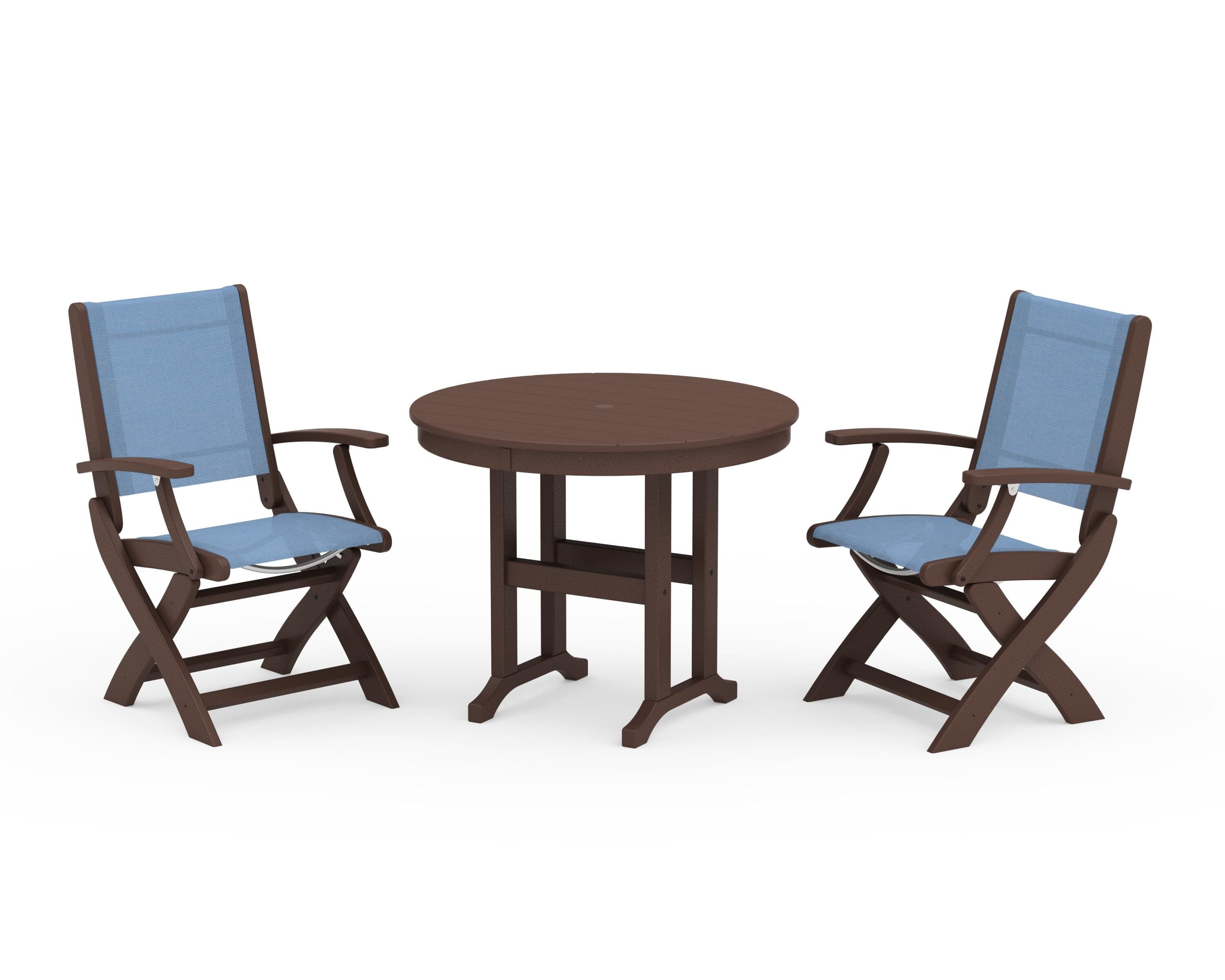 POLYWOOD Coastal Folding Chair 3-Piece Round Dining Set in Mahogany / Poolside Sling