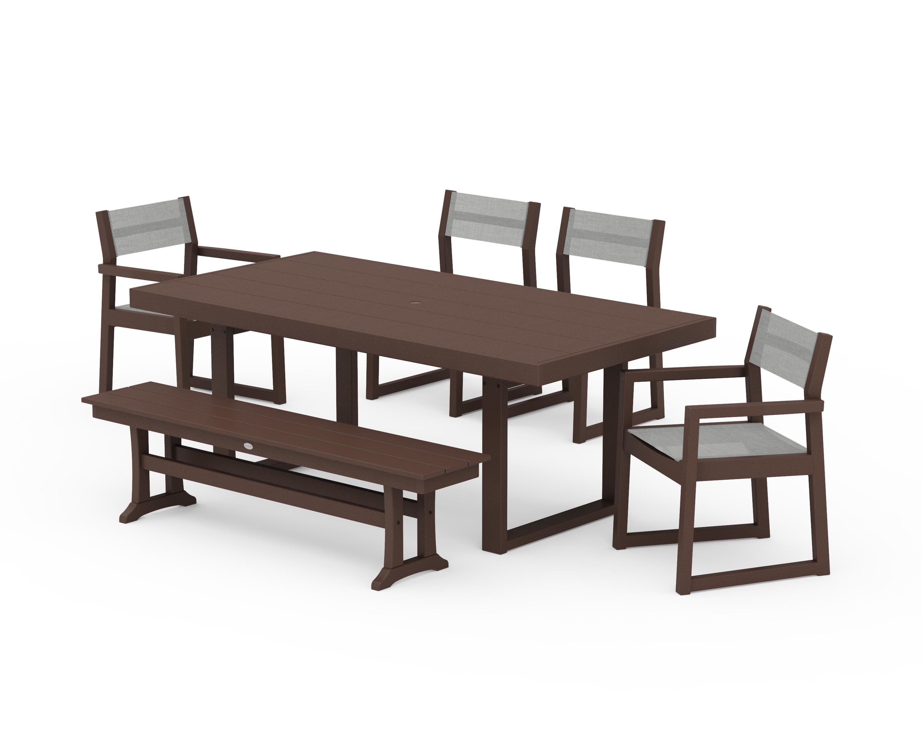 POLYWOOD EDGE Sling 6-Piece Dining Set with Bench in Mahogany / Metallic Sling