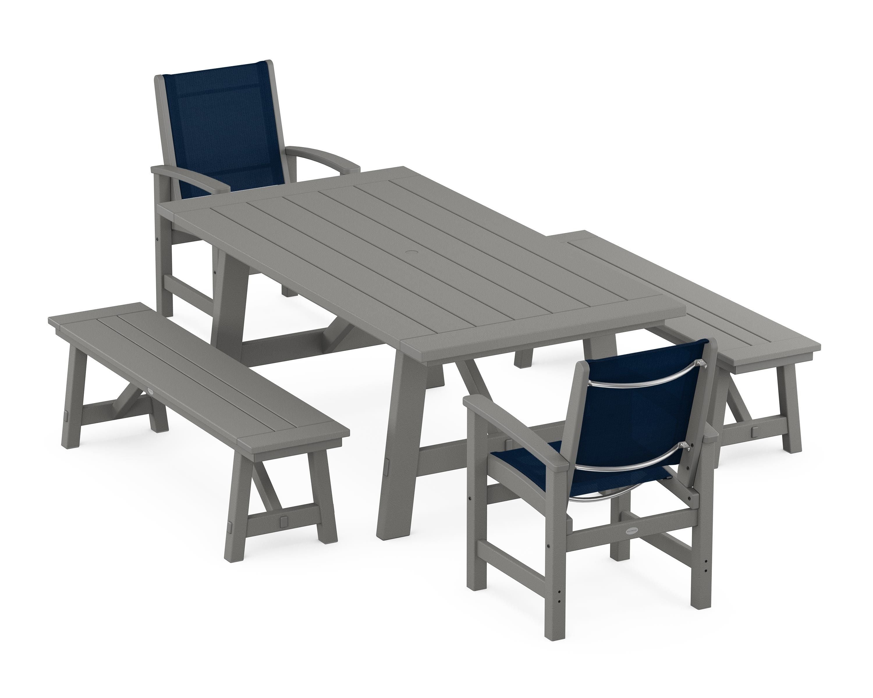 POLYWOOD Coastal 5-Piece Rustic Farmhouse Dining Set With Benches in Slate Grey / Navy Blue Sling