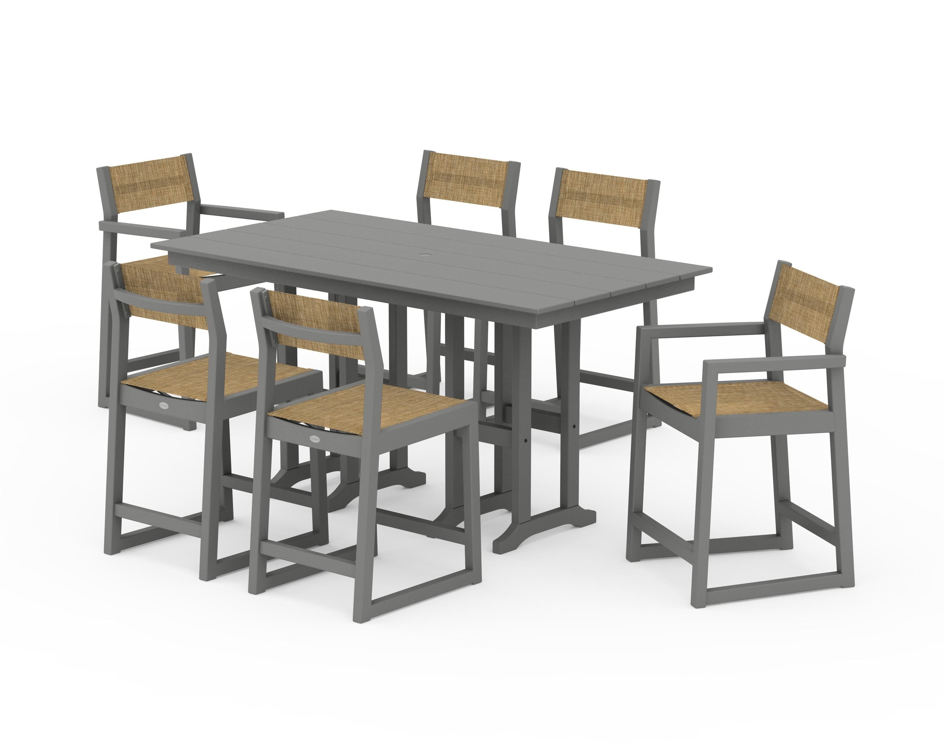 POLYWOOD EDGE Sling 7-Piece Farmhouse Counter Set in Slate Grey / Burlap Sling