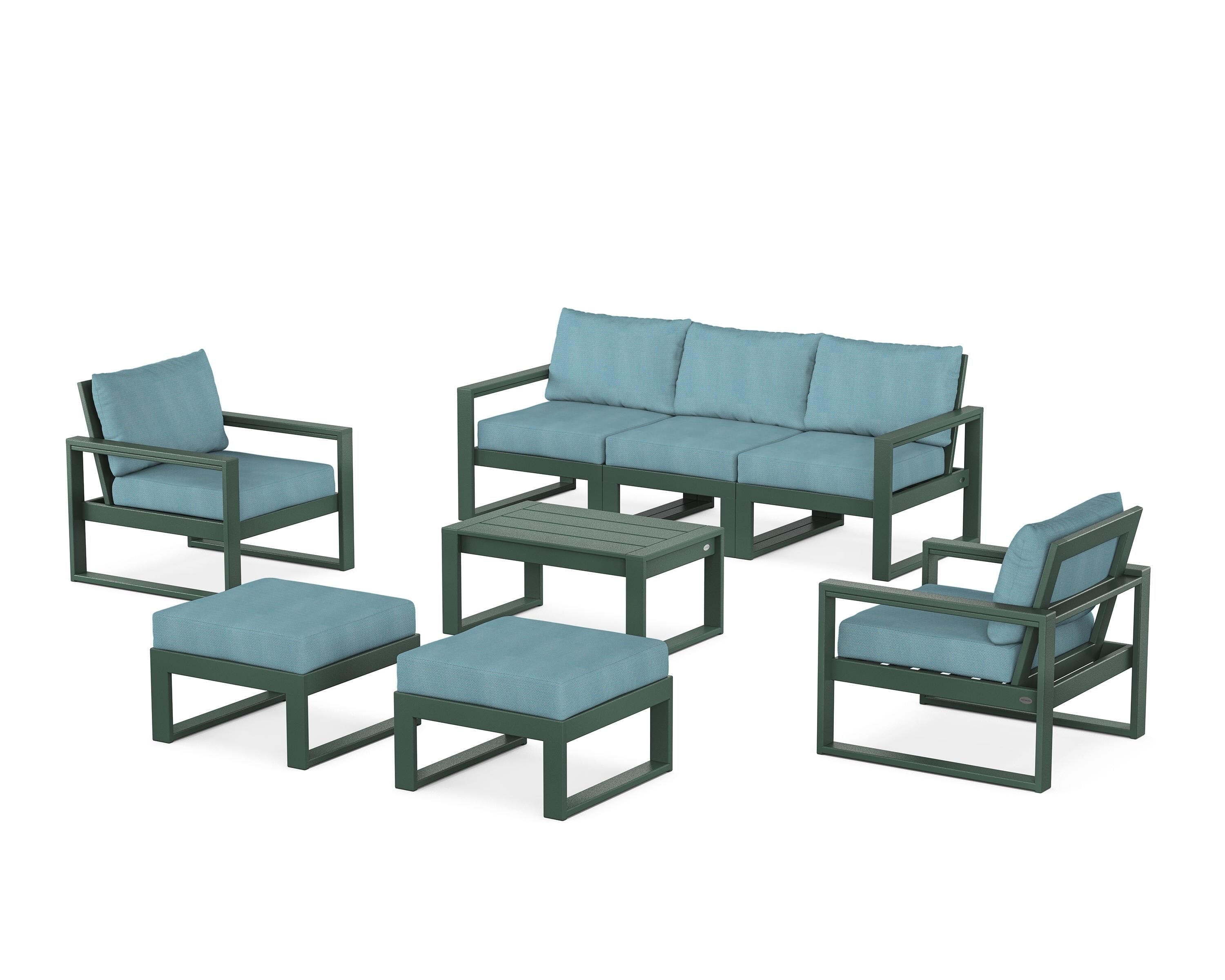 POLYWOOD EDGE Sectional 8-Piece Lounge Sofa Set in Green / Lattice Sky Blue