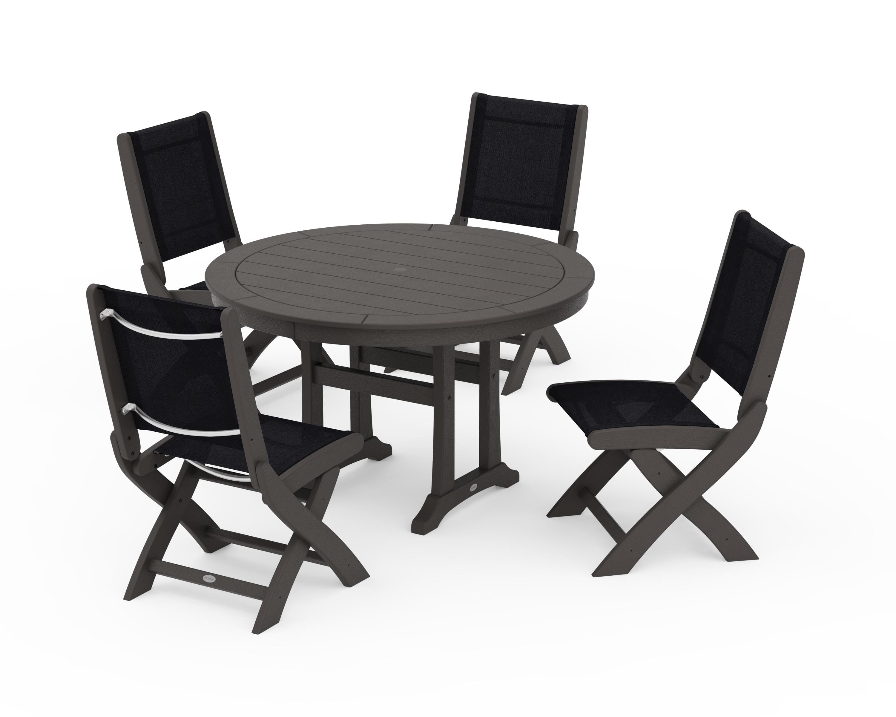 POLYWOOD Coastal Folding Side Chair 5-Piece Round Dining Set With Trestle Legs in Vintage Coffee / Black Sling