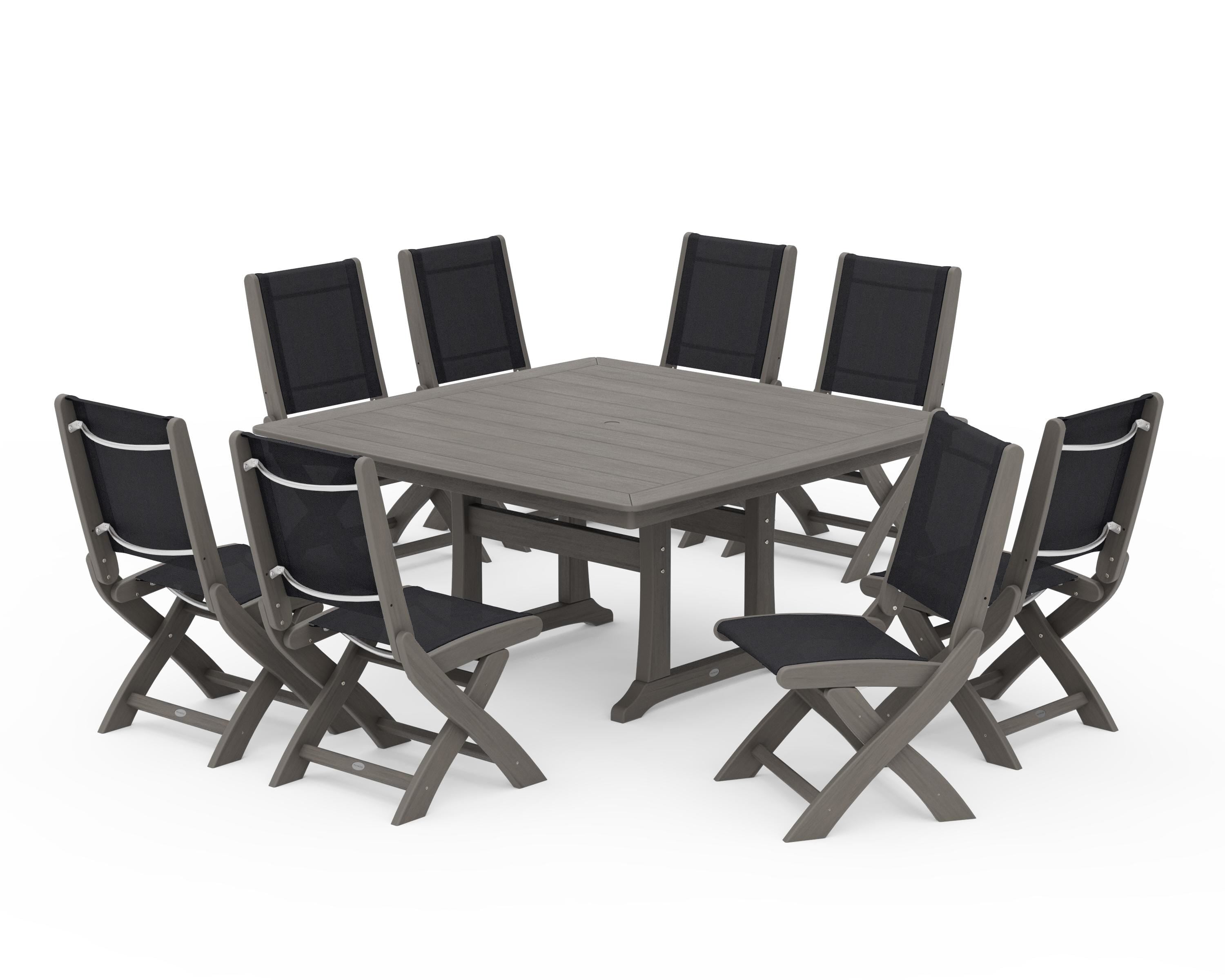 POLYWOOD Coastal Folding Side Chair 9-Piece Dining Set with Trestle Legs in Driftwood / Black Sling