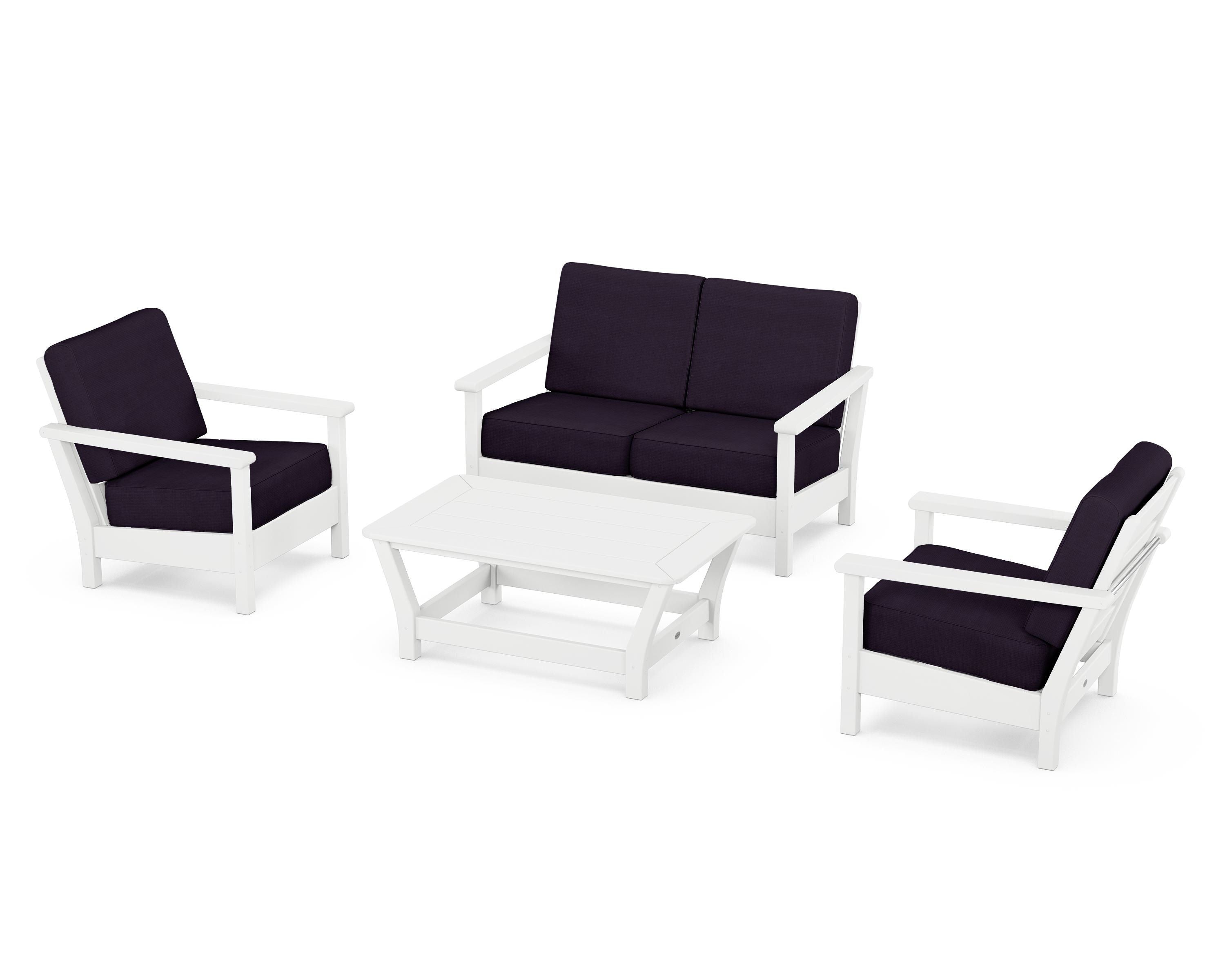 POLYWOOD Harbour 4-Piece Deep Seating Set in White / Navy Linen