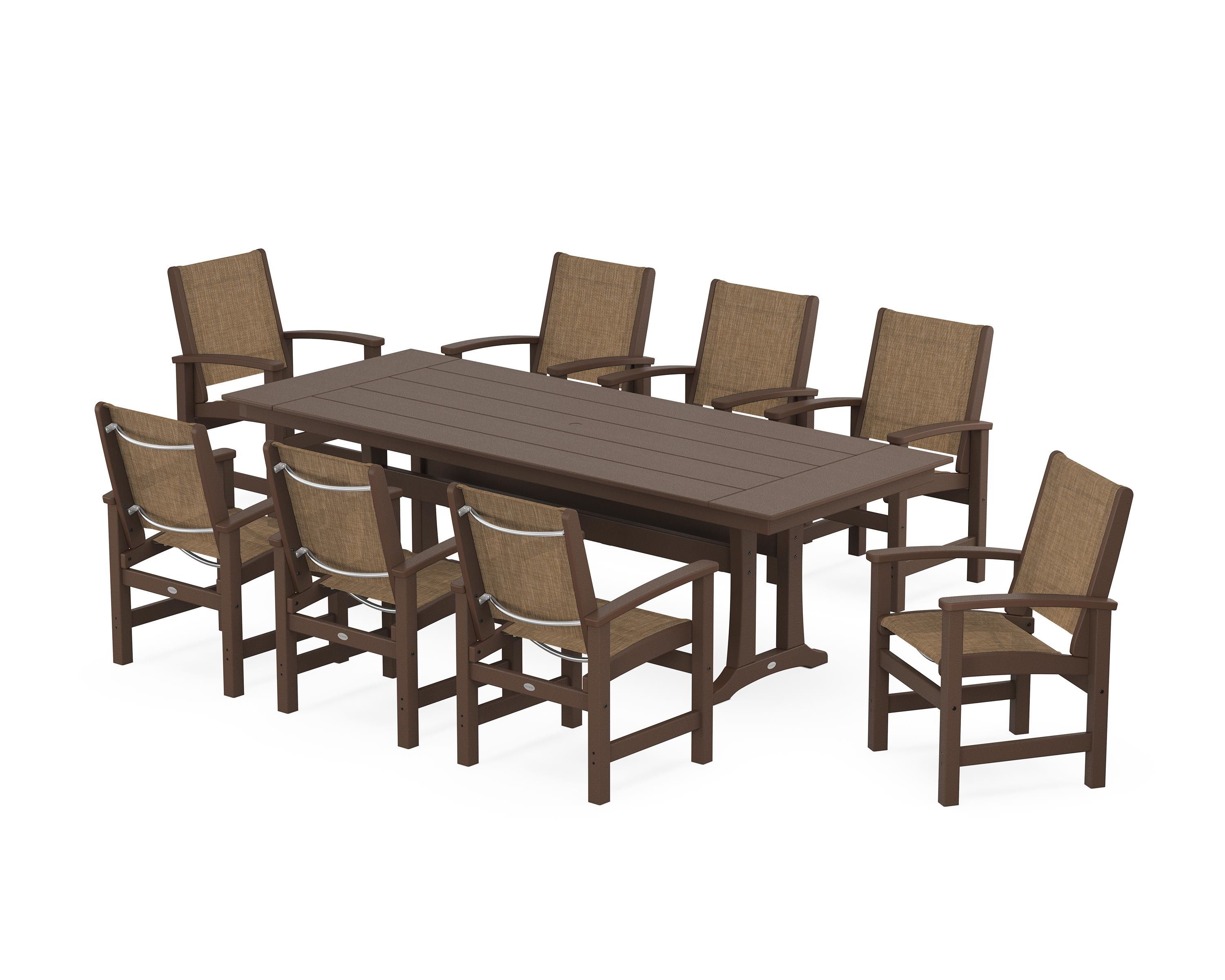 POLYWOOD Coastal 9-Piece Farmhouse Dining Set with Trestle Legs in Mahogany / Burlap Sling