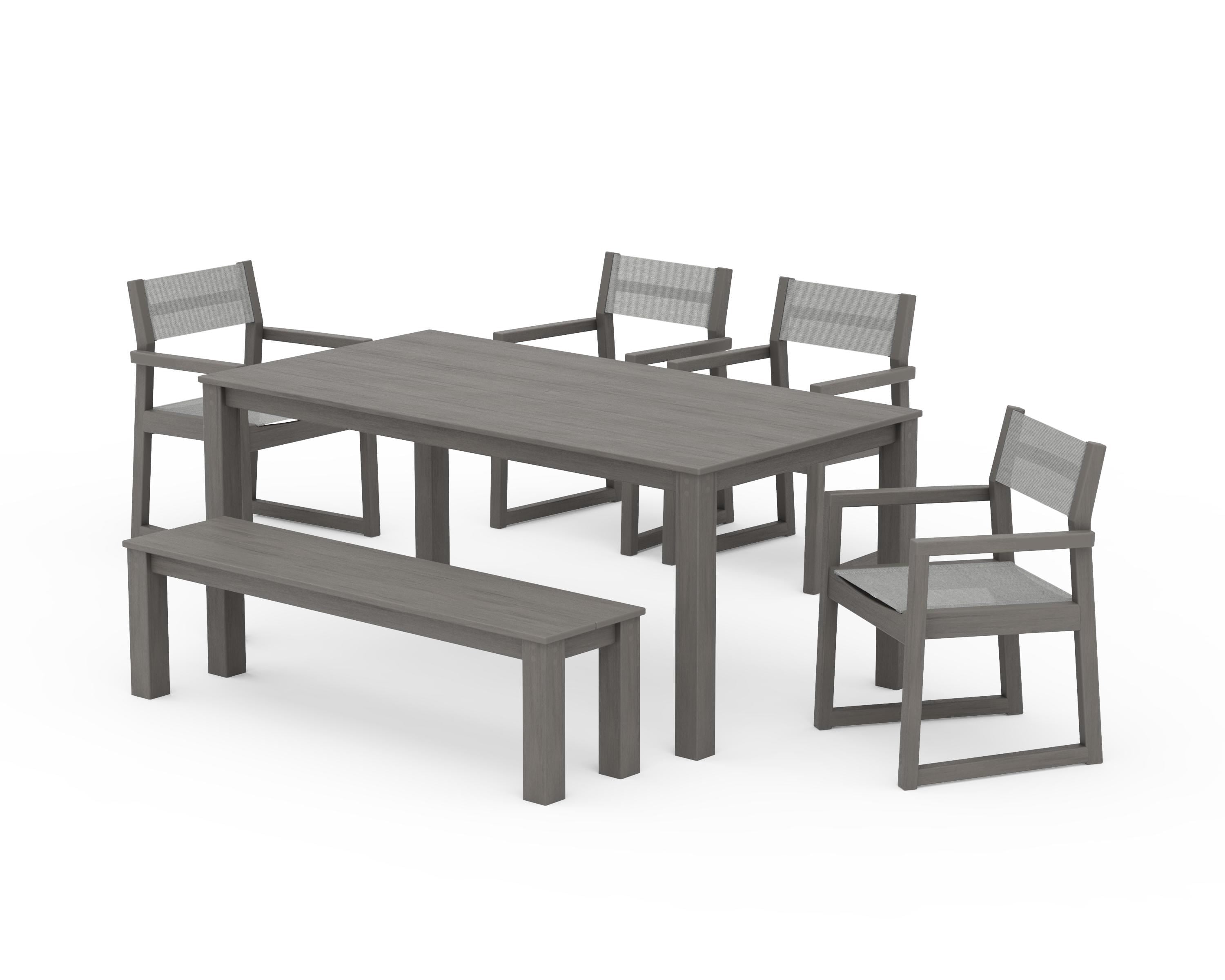POLYWOOD EDGE Sling Arm Chair 6-Piece Parsons Dining Set with Bench in Driftwood / Metallic Sling