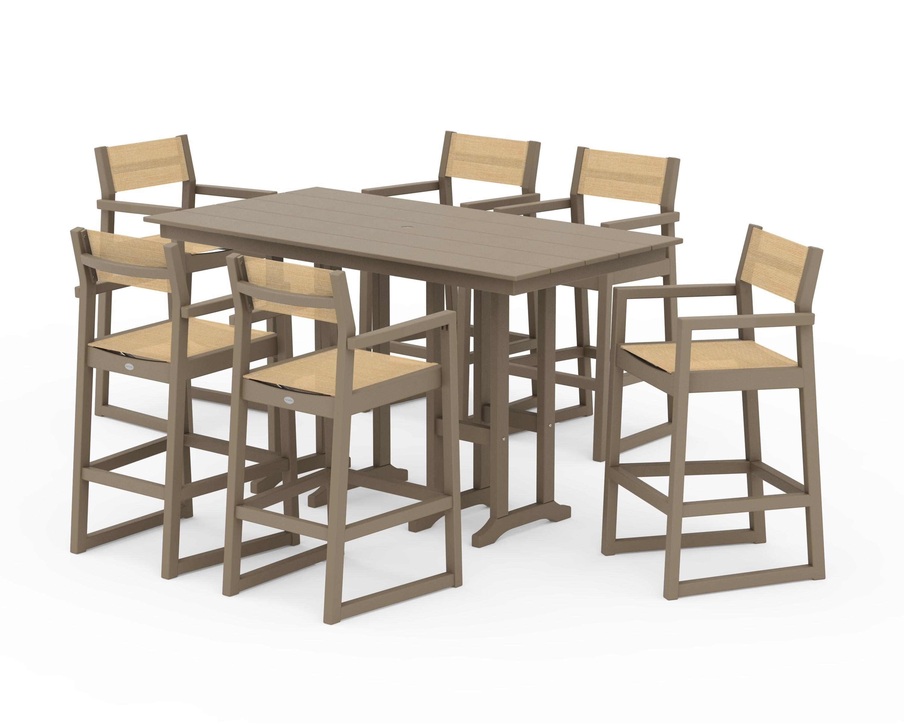 POLYWOOD EDGE Sling Arm Chair 7-Piece Farmhouse Bar Set in Vintage Sahara / Dupioni Apricot Sling