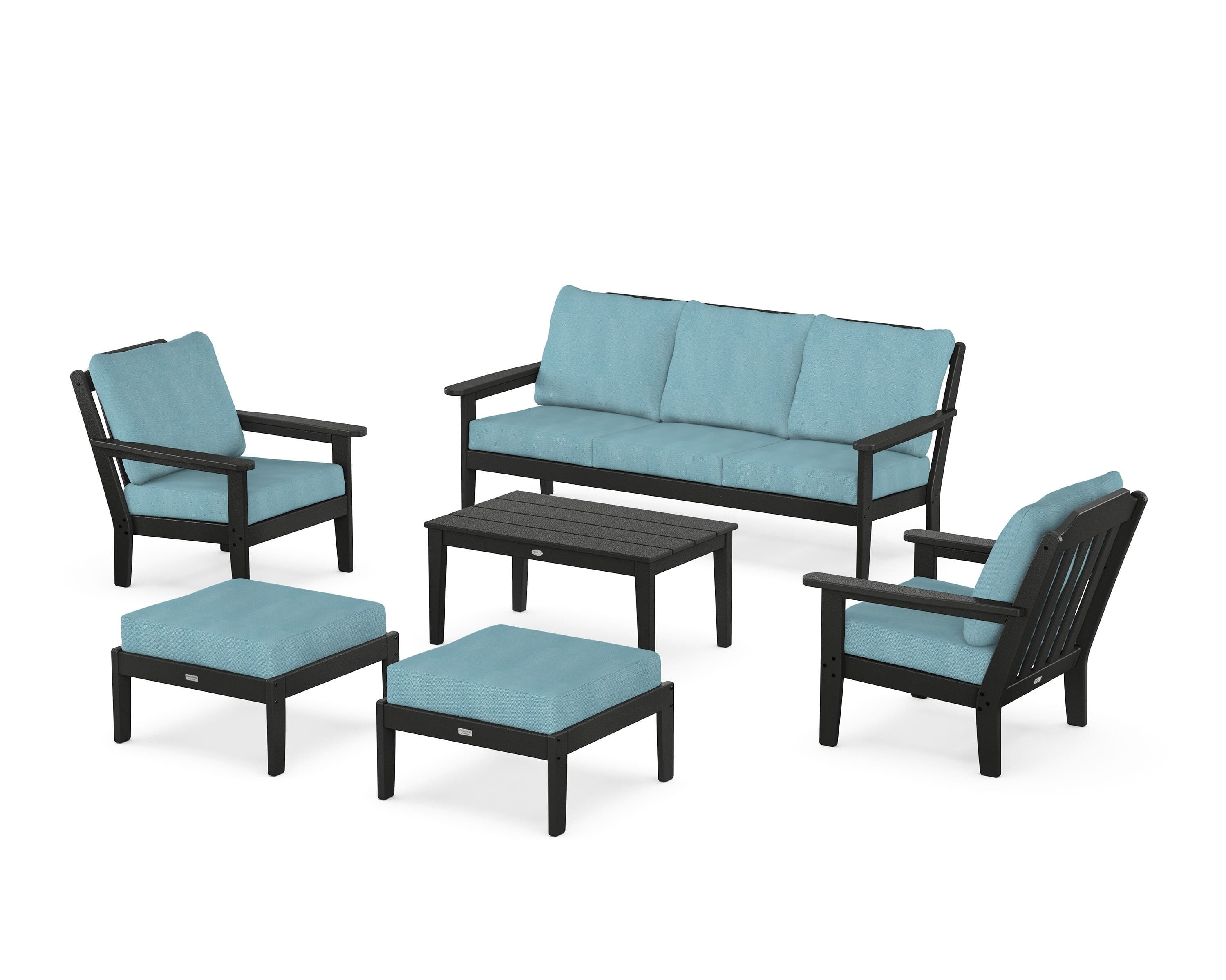 Country Living Cottage 6-Piece Lounge Sofa Set in Black / Lattice Sky Blue