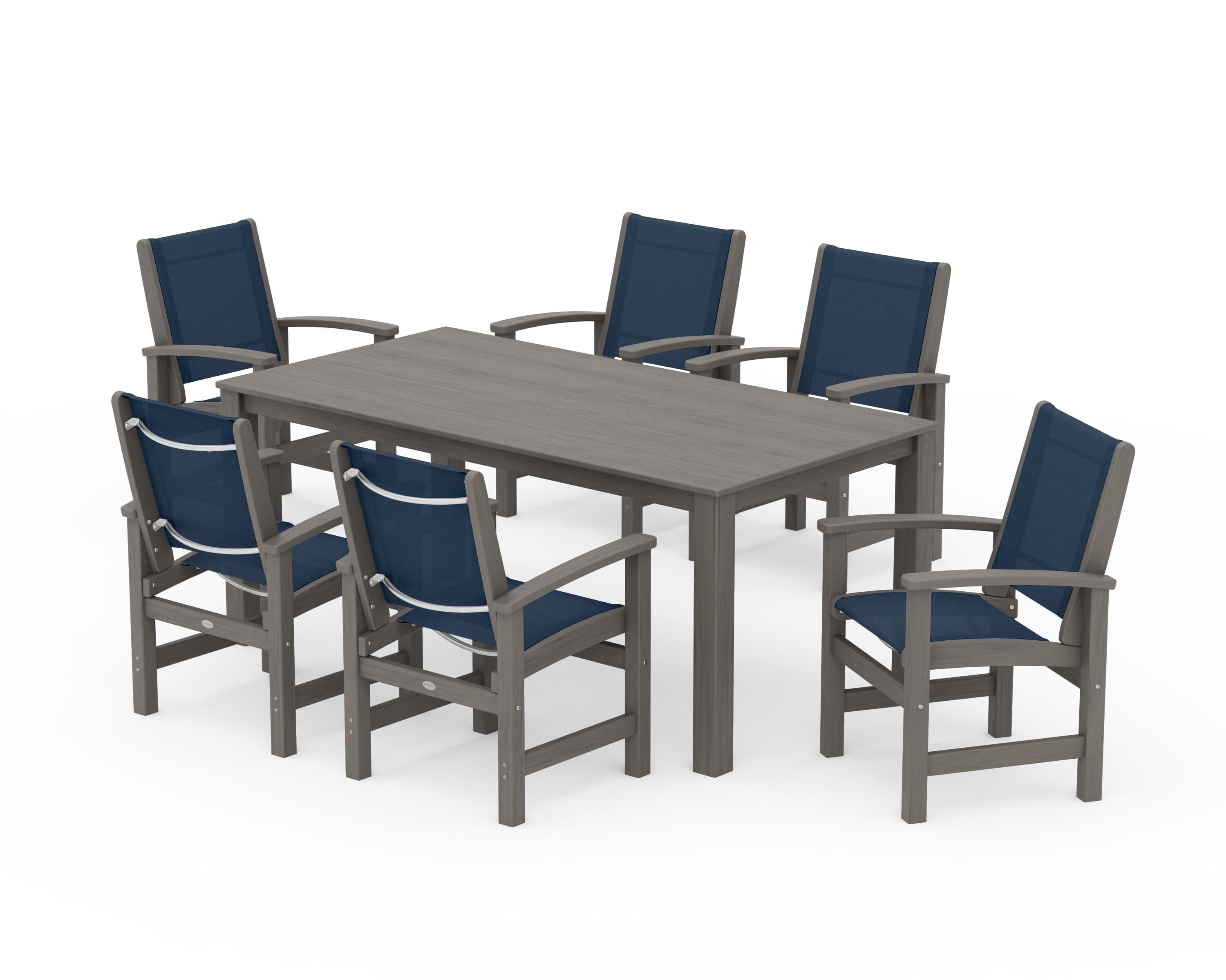 POLYWOOD Coastal 7-Piece Parsons Dining Set in Driftwood / Navy Blue Sling