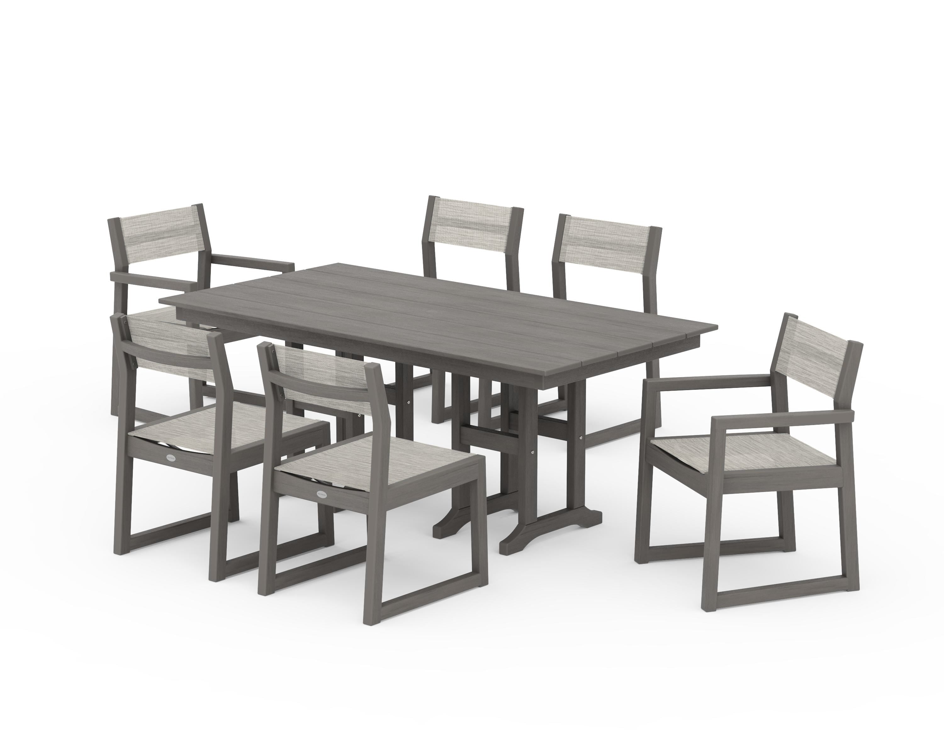 POLYWOOD EDGE Sling 7-Piece Farmhouse Dining Set in Driftwood / Birch Sling