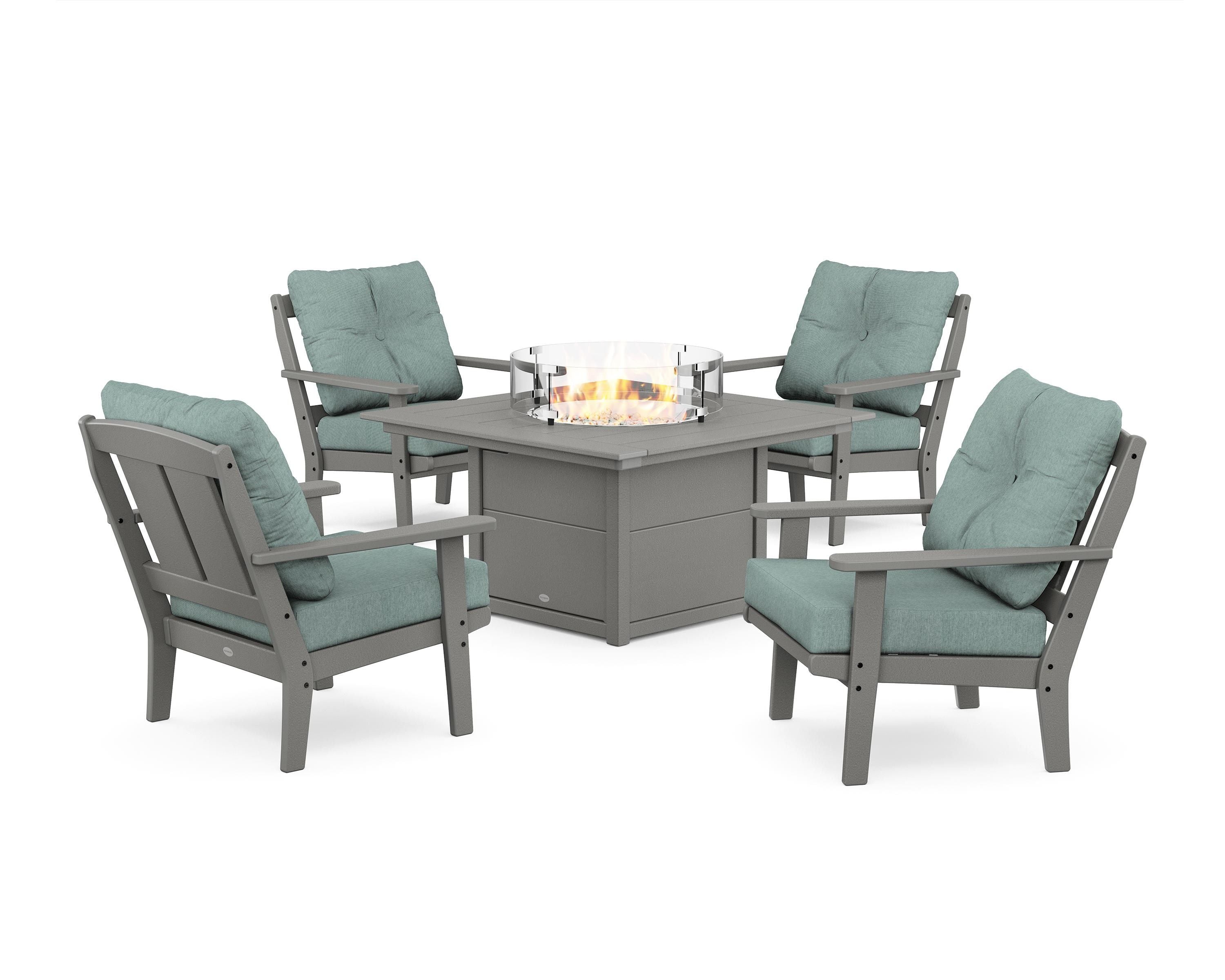 POLYWOOD Mission 5-Piece Deep Seating Set with Fire Pit Table in Slate Grey / Glacier Spa