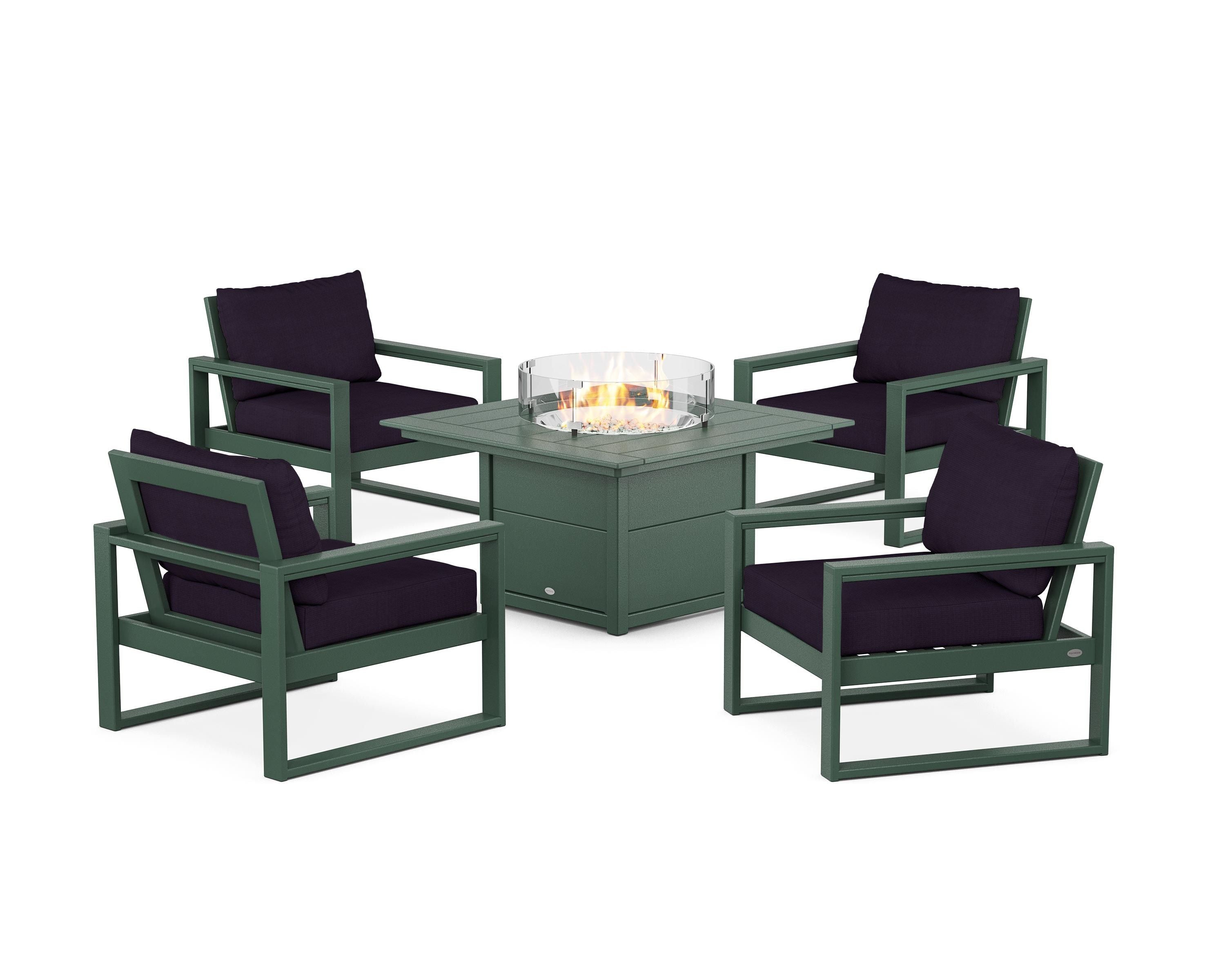 POLYWOOD EDGE Sectional 5-Piece Deep Seating Set with Fire Pit Table in Green / Navy Linen