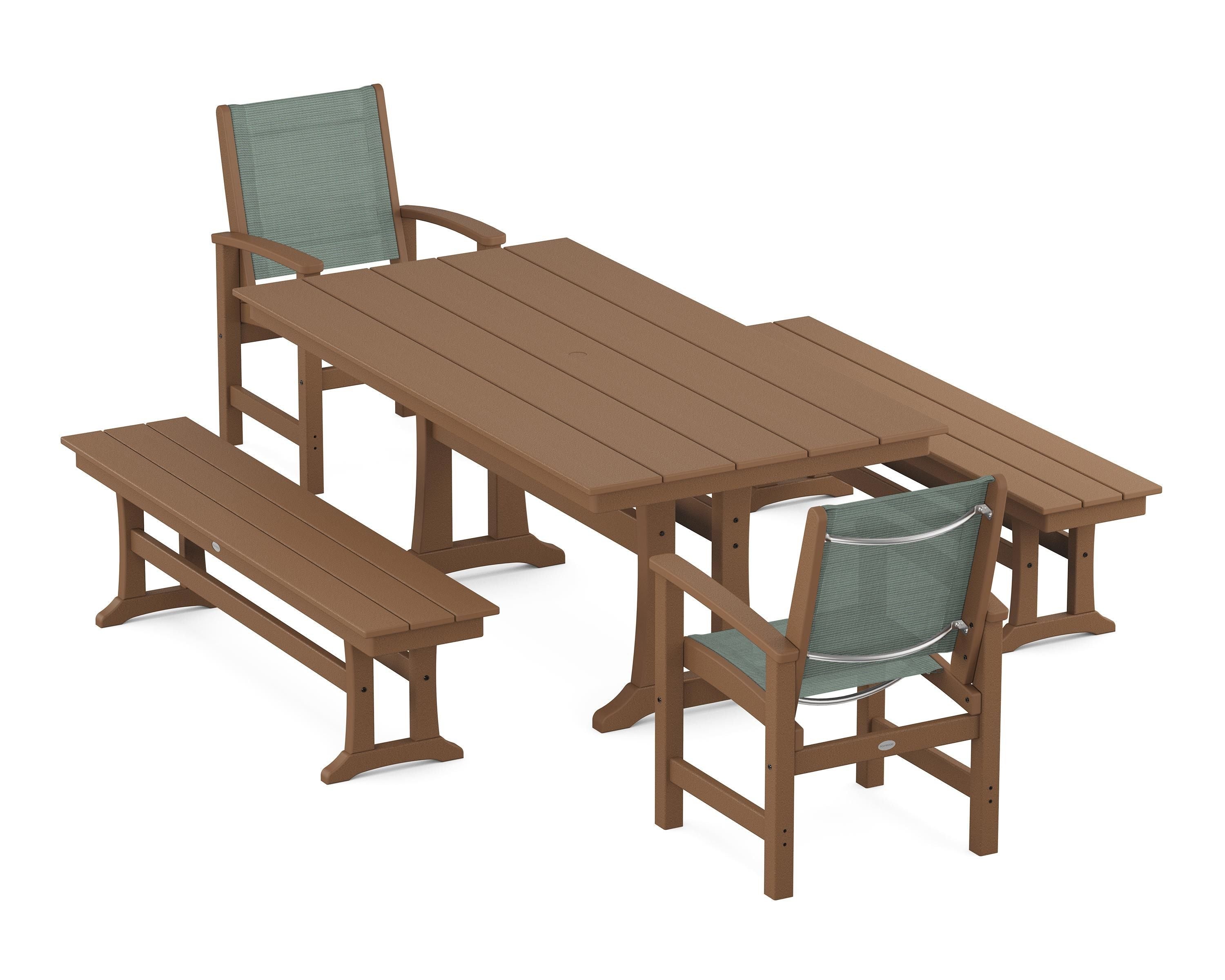 POLYWOOD Coastal 5-Piece Farmhouse Dining Set with Trestle Legs and Benches in Teak / Dupioni Sea Mist Sling