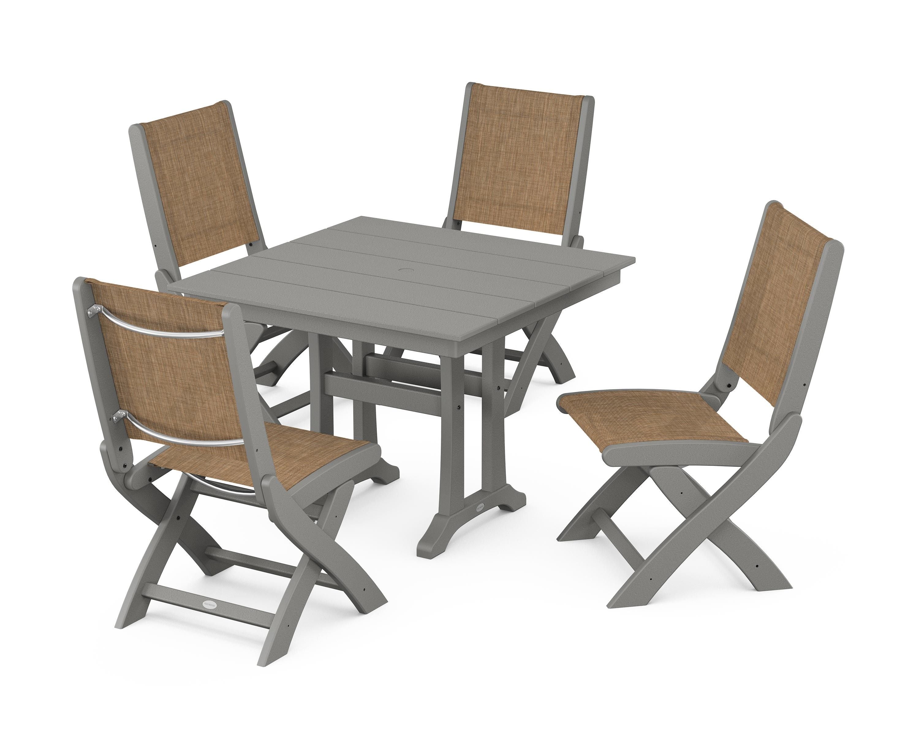 POLYWOOD Coastal Folding Side Chair 5-Piece Farmhouse Dining Set With Trestle Legs in Slate Grey / Burlap Sling