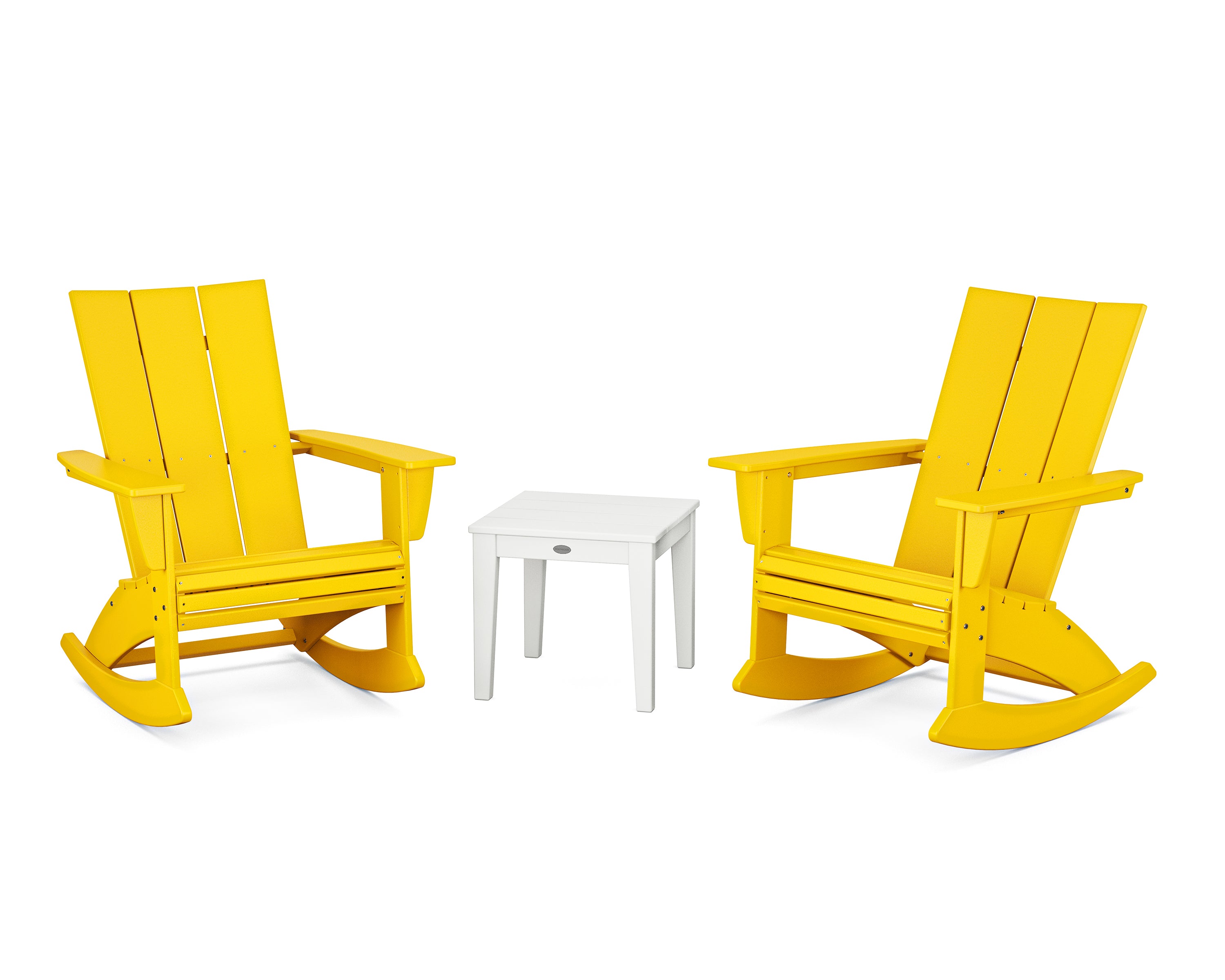 POLYWOOD® Modern Curveback 3-Piece Adirondack Rocking Chair Set in Lemon / White