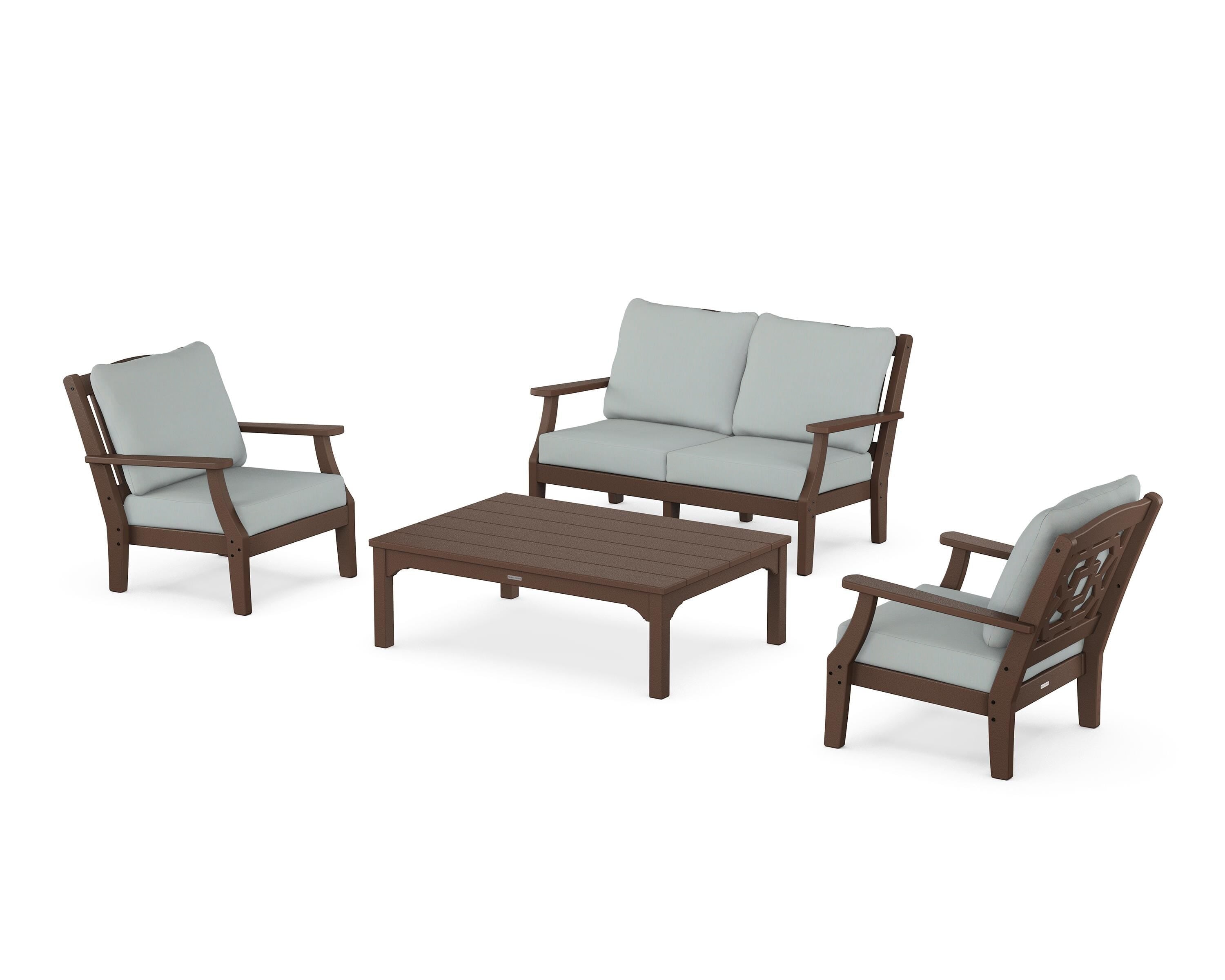Martha Stewart by POLYWOOD Chinoiserie 4-Piece Deep Seating Set with Loveseat in Mahogany / Spa