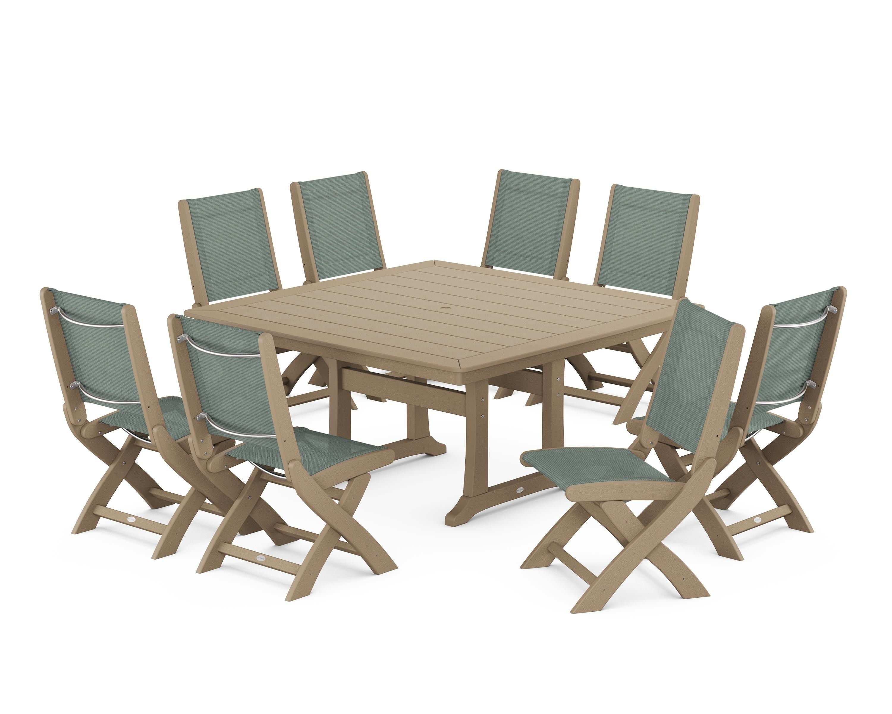 POLYWOOD Coastal Folding Side Chair 9-Piece Dining Set with Trestle Legs in Vintage Sahara / Dupioni Sea Mist Sling