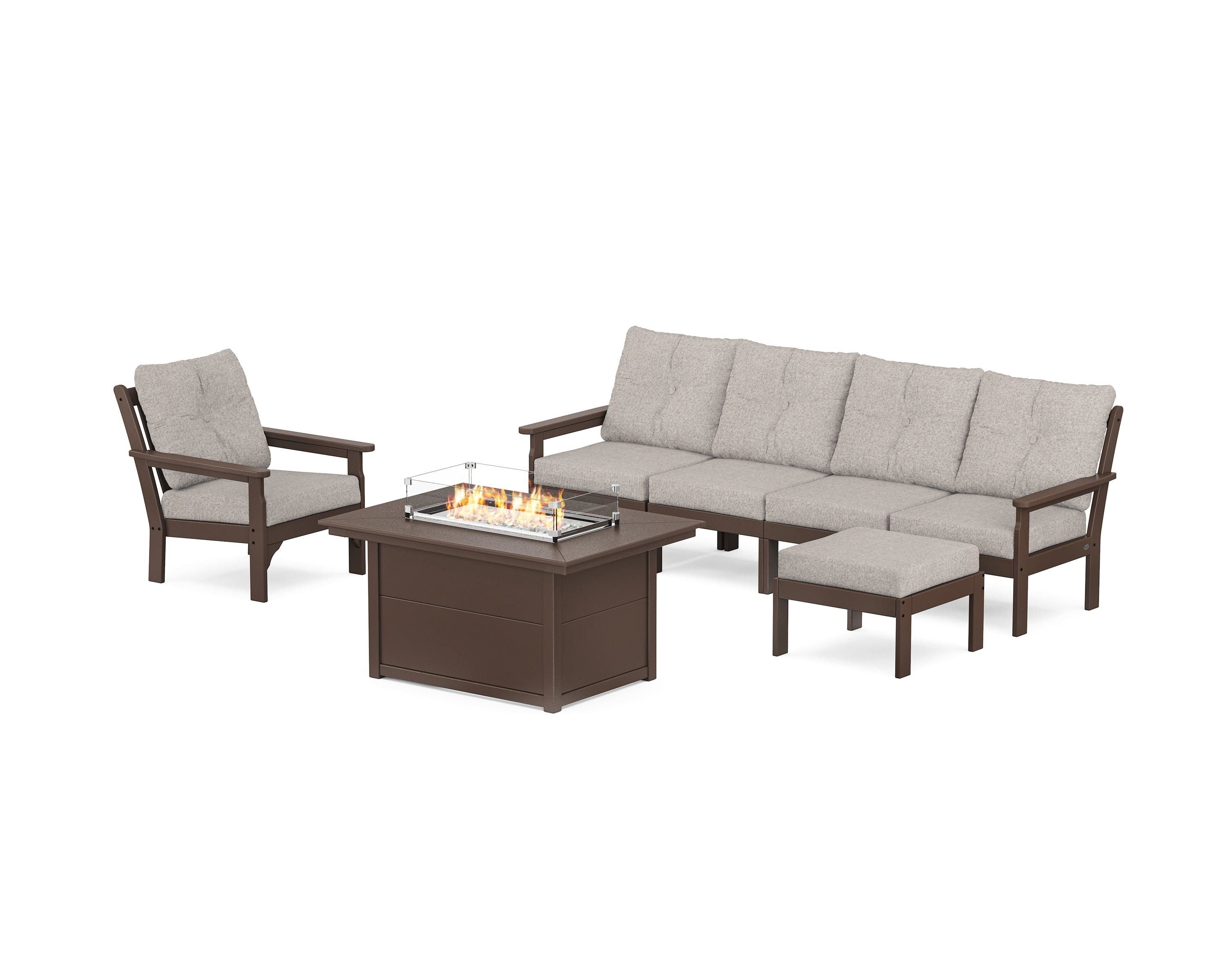 POLYWOOD Vineyard Sectional Lounge and Fire Pit Set in Mahogany / Weathered Tweed