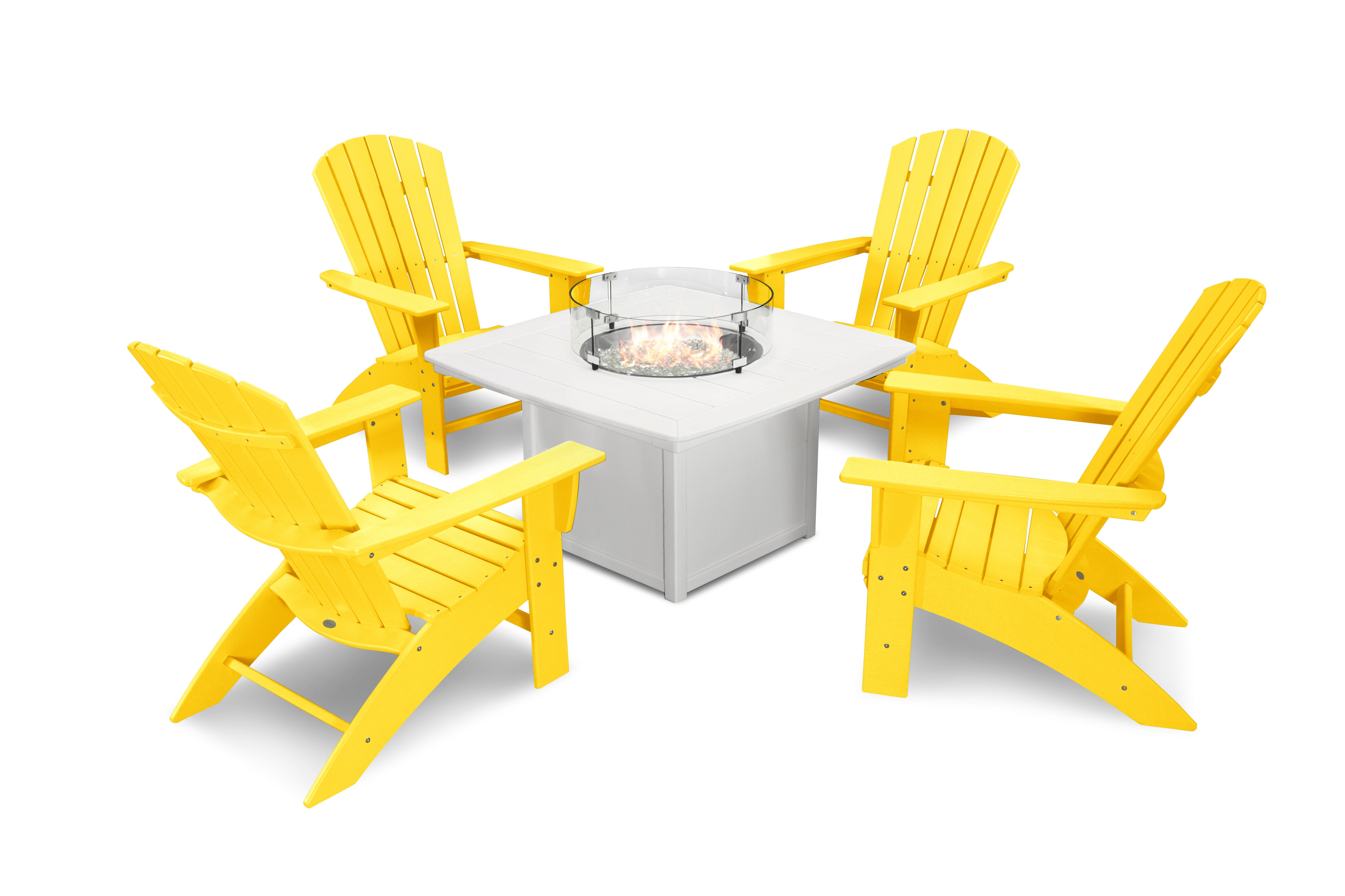 POLYWOOD® Nautical Curveback Adirondack 5-Piece Conversation Set with Fire Pit Table in Lemon / White