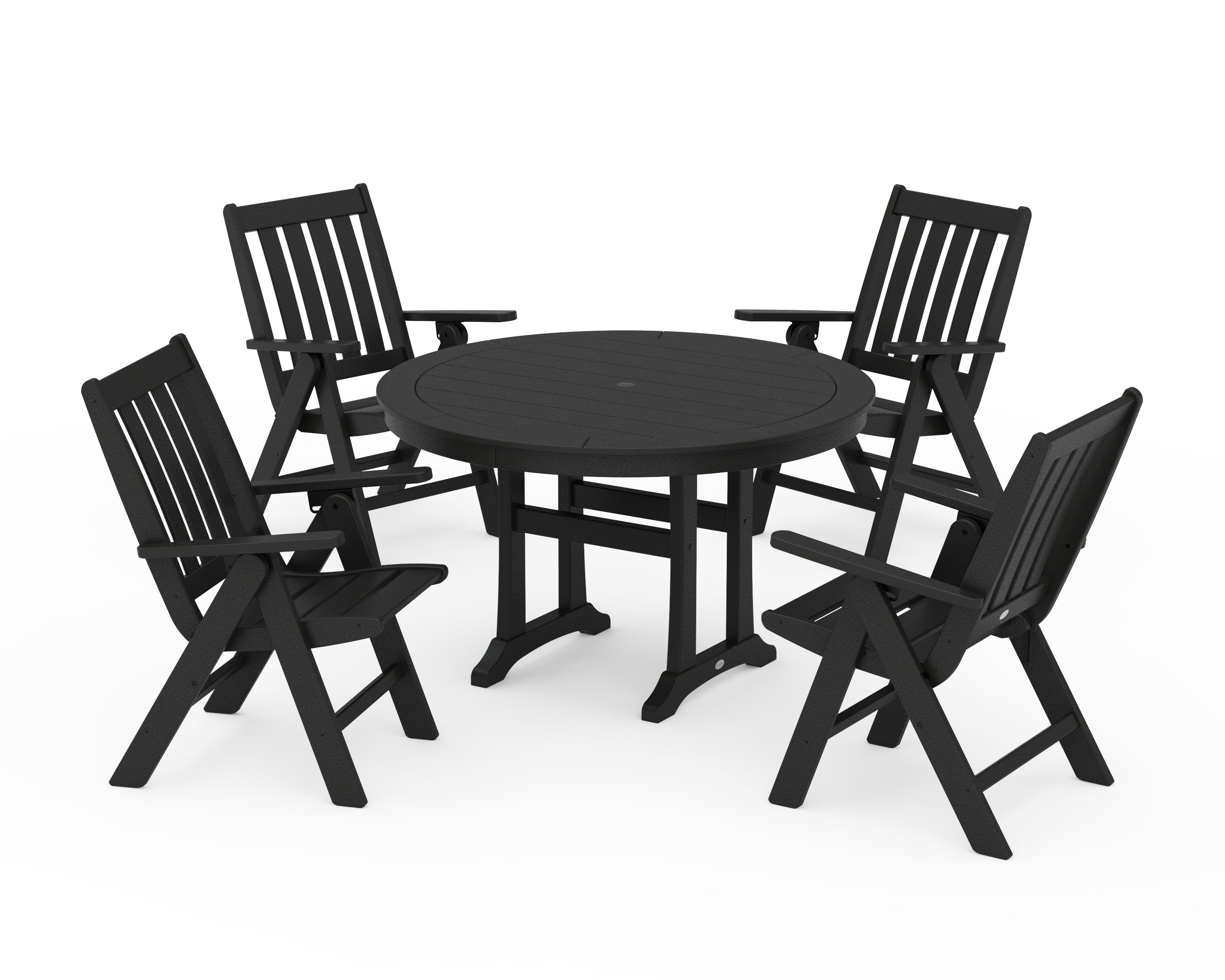 POLYWOOD Vineyard Folding Chair 5-Piece Round Dining Set with Trestle Legs in Black