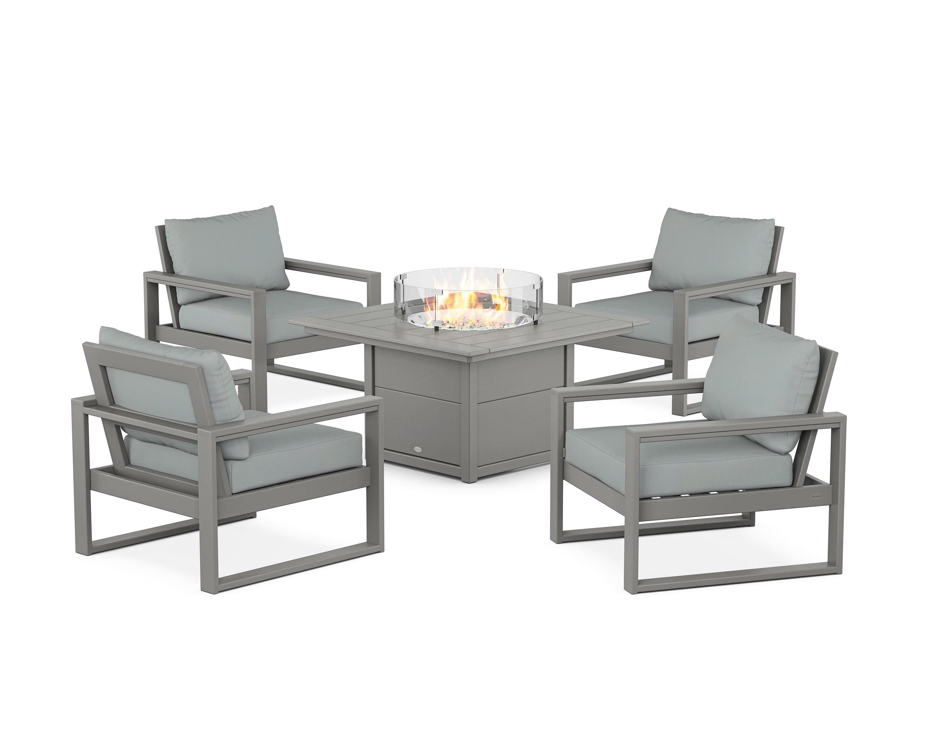 POLYWOOD EDGE Sectional 5-Piece Deep Seating Set with Fire Pit Table in Slate Grey / Spa