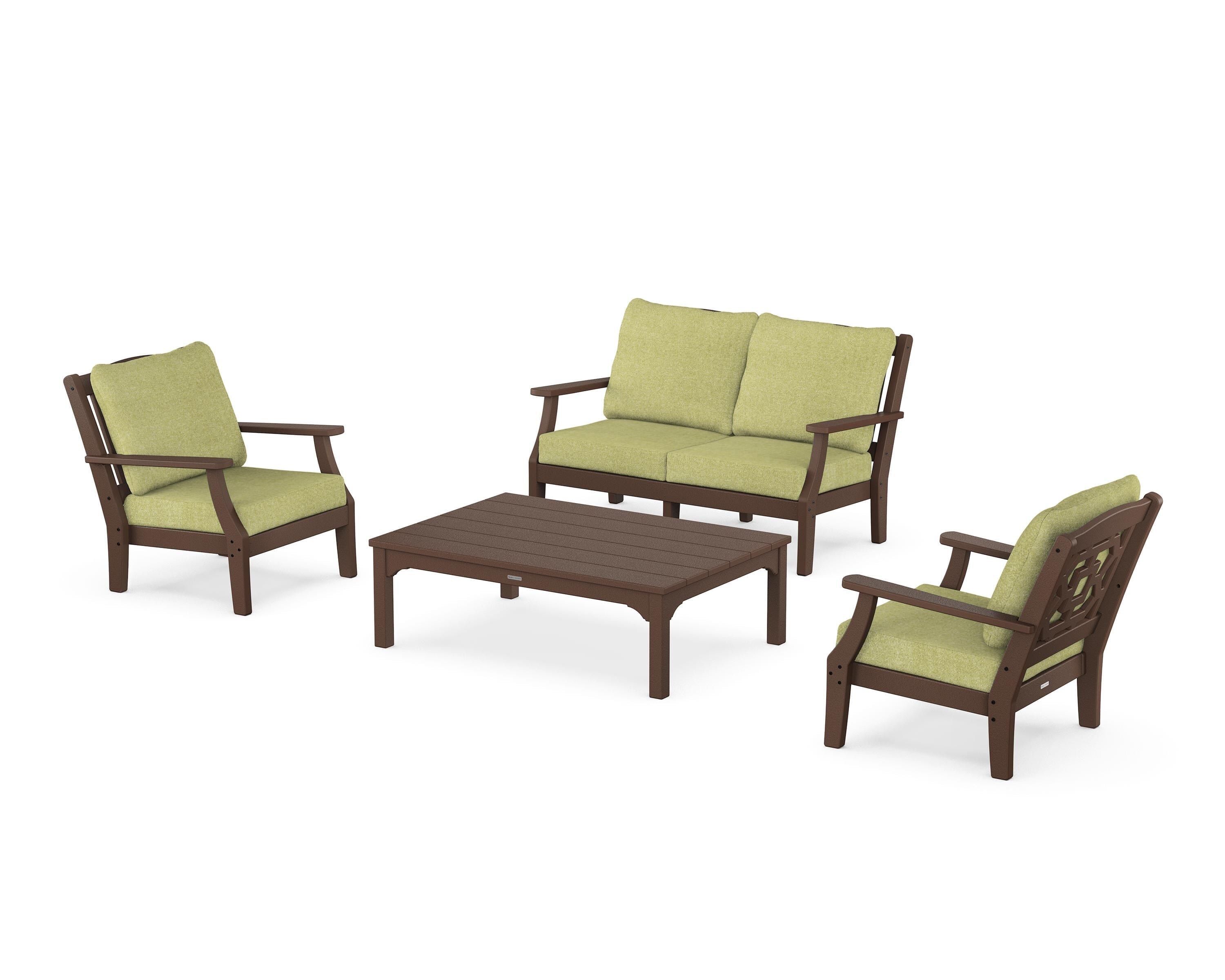 Martha Stewart by POLYWOOD Chinoiserie 4-Piece Deep Seating Set with Loveseat in Mahogany / Chartreuse Boucle