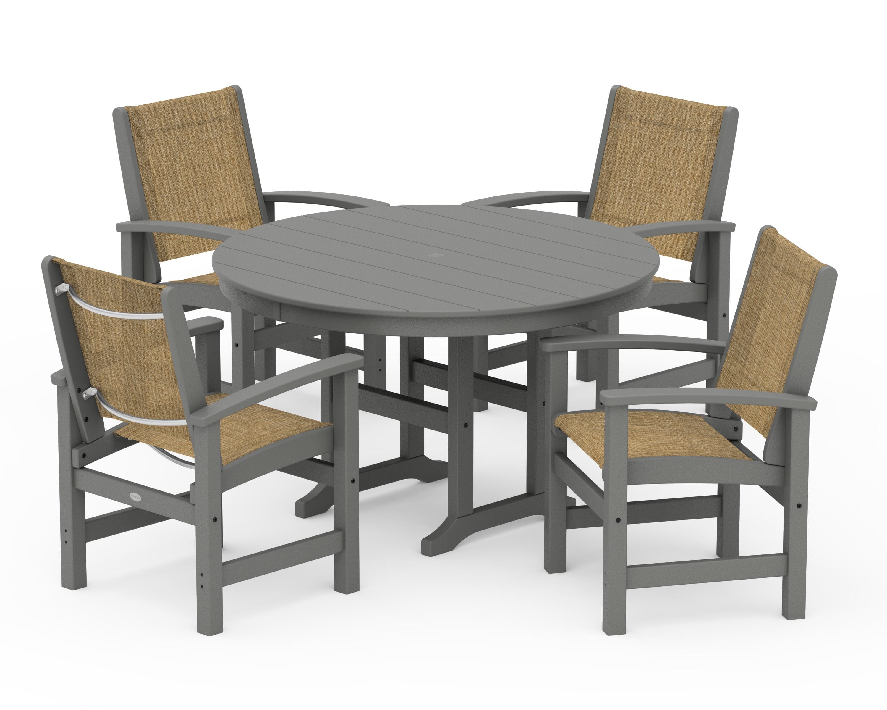 POLYWOOD Coastal 5-Piece Round Farmhouse Dining Set in Slate Grey / Burlap Sling